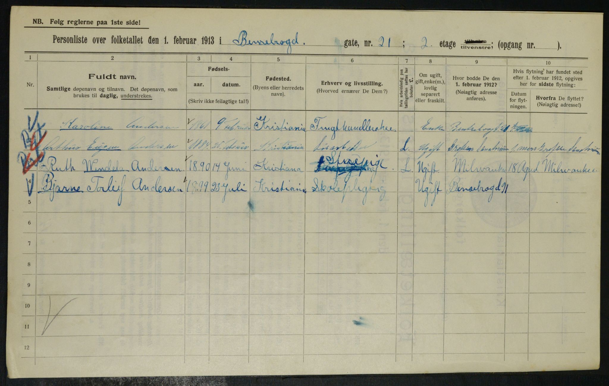 OBA, Municipal Census 1913 for Kristiania, 1913, p. 3342