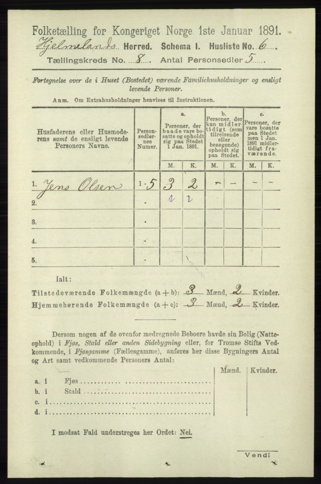 RA, 1891 census for 1133 Hjelmeland, 1891, p. 2416