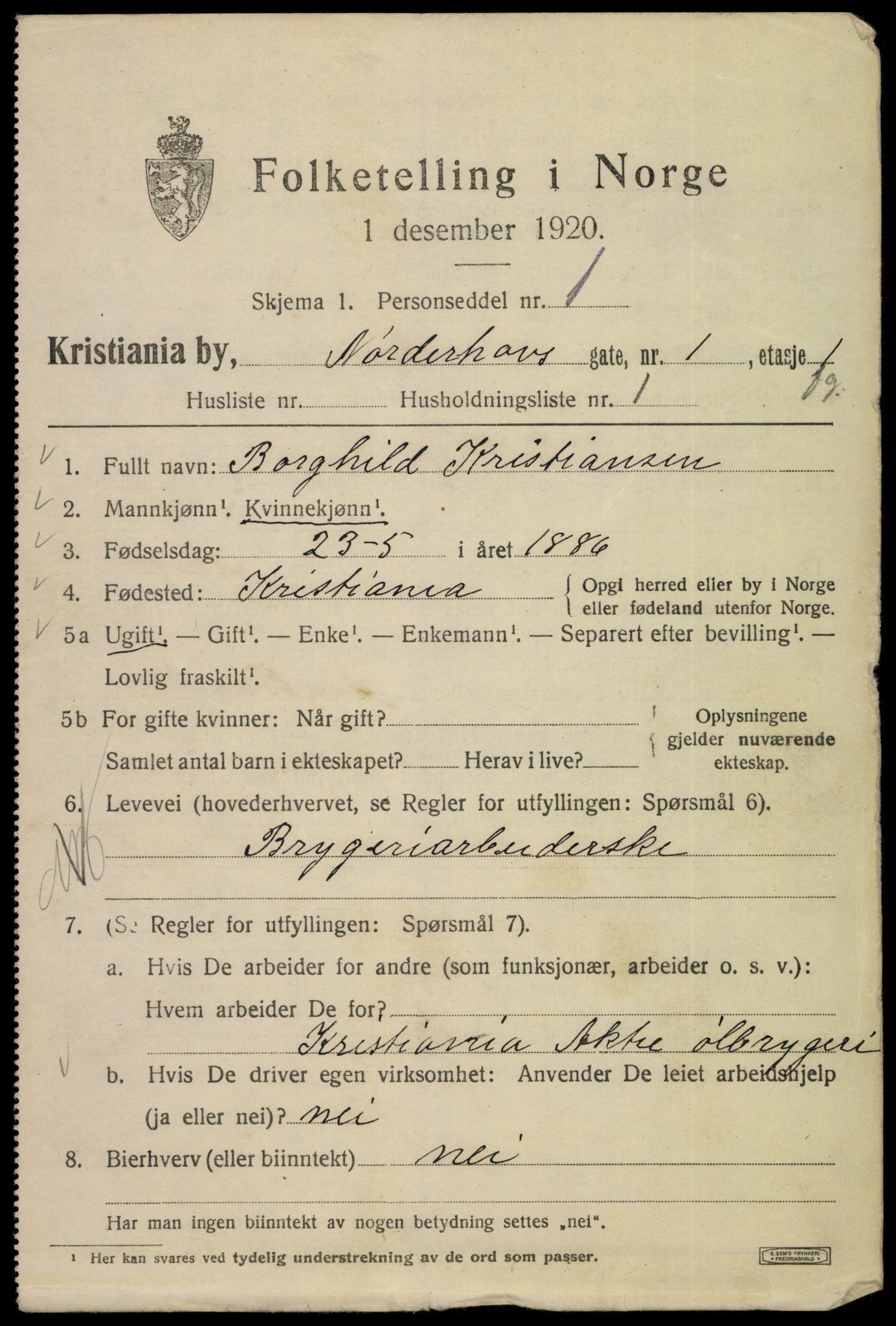 SAO, 1920 census for Kristiania, 1920, p. 422085