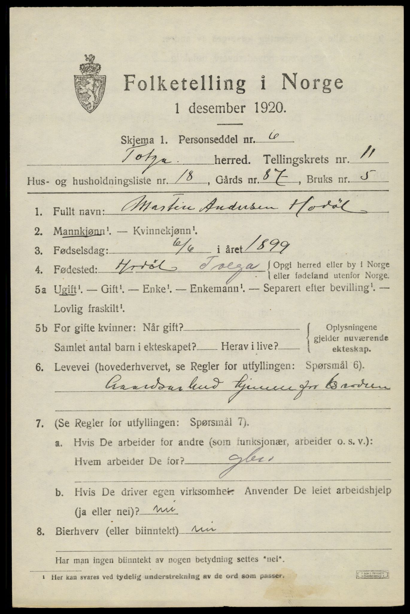 SAH, 1920 census for Tolga, 1920, p. 5447