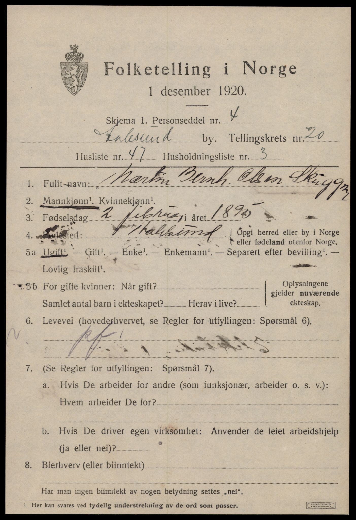 SAT, 1920 census for Ålesund, 1920, p. 39376