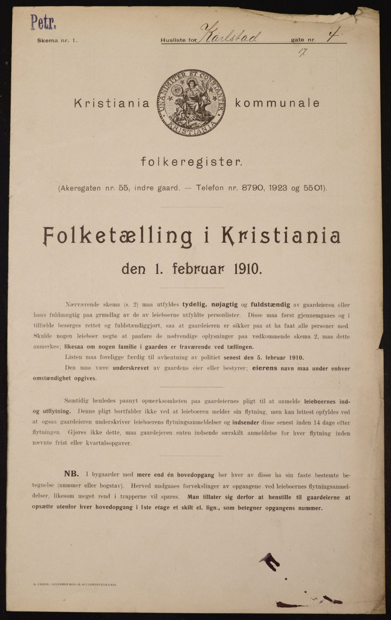 OBA, Municipal Census 1910 for Kristiania, 1910, p. 47527