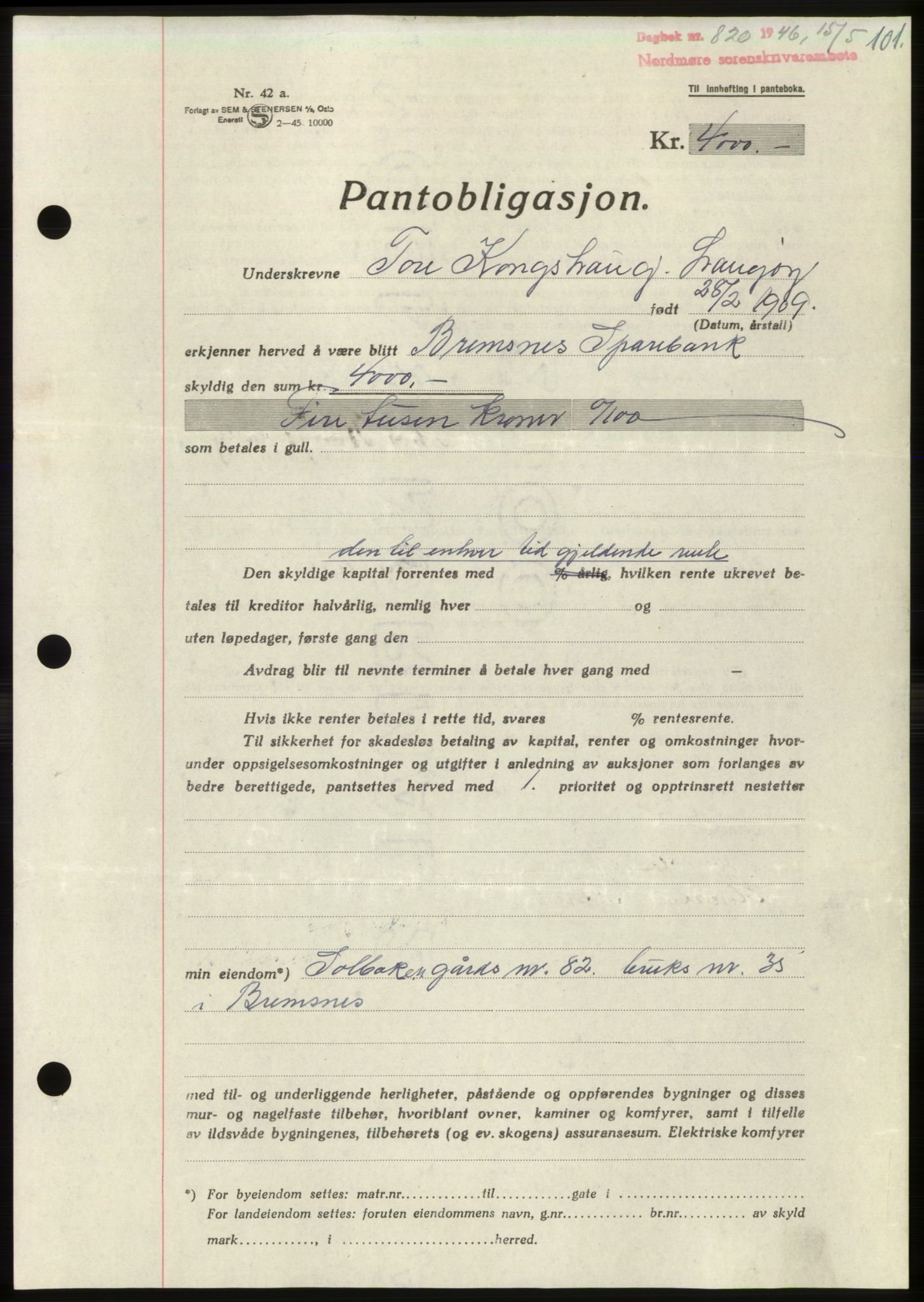 Nordmøre sorenskriveri, AV/SAT-A-4132/1/2/2Ca: Mortgage book no. B94, 1946-1946, Diary no: : 820/1946