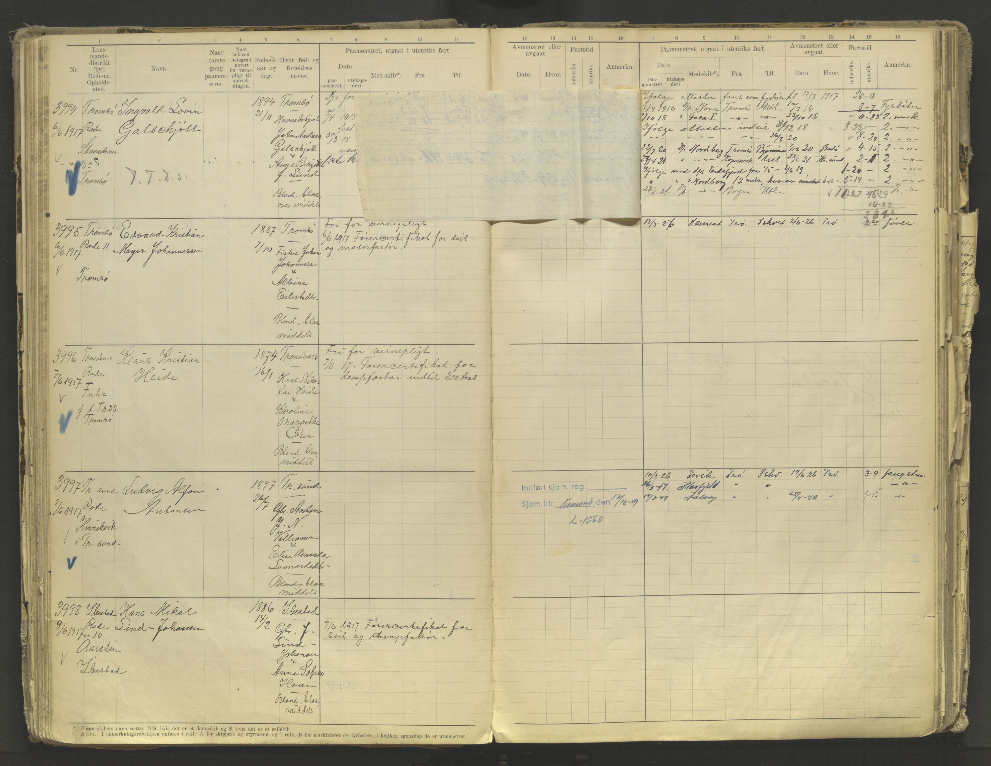 Tromsø sjømannskontor/innrullerings-/mønstringsdistrikt, AV/SATØ-S-0243/F/Fb/L0010: Annotasjonsrulle. Defekt: løs innbinding. Nr. 3519-4972, 1916-1920