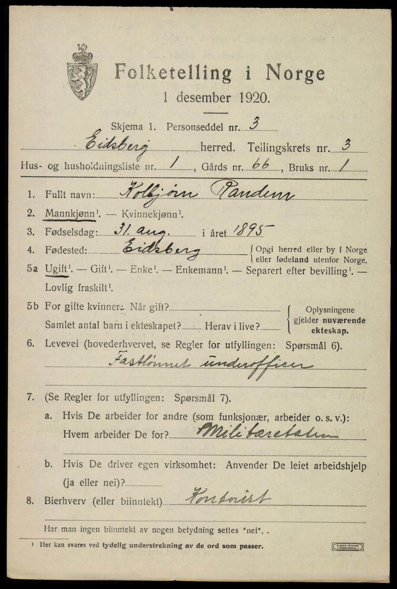 SAO, 1920 census for Eidsberg, 1920, p. 3983