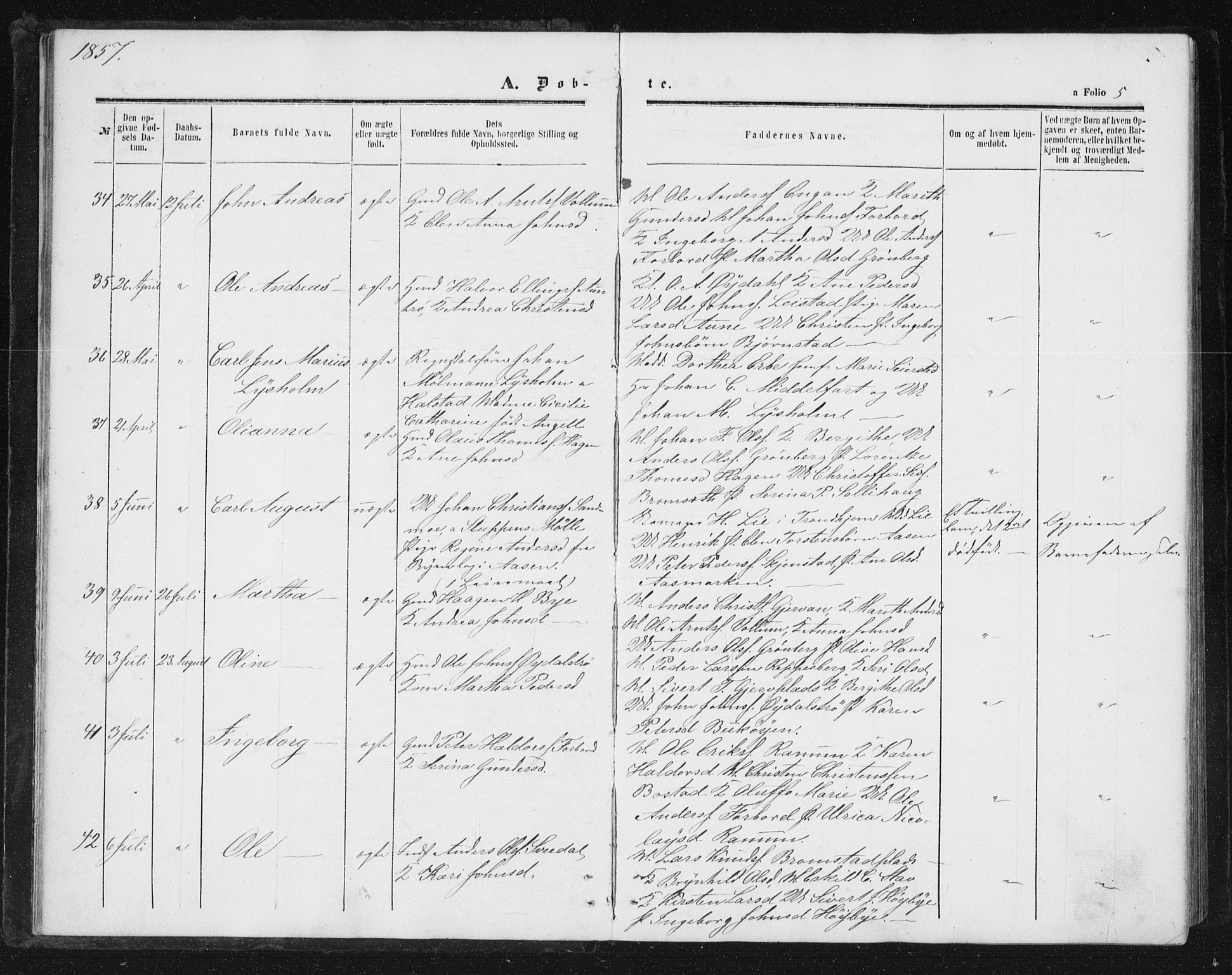 Ministerialprotokoller, klokkerbøker og fødselsregistre - Sør-Trøndelag, AV/SAT-A-1456/616/L0408: Parish register (official) no. 616A05, 1857-1865, p. 5