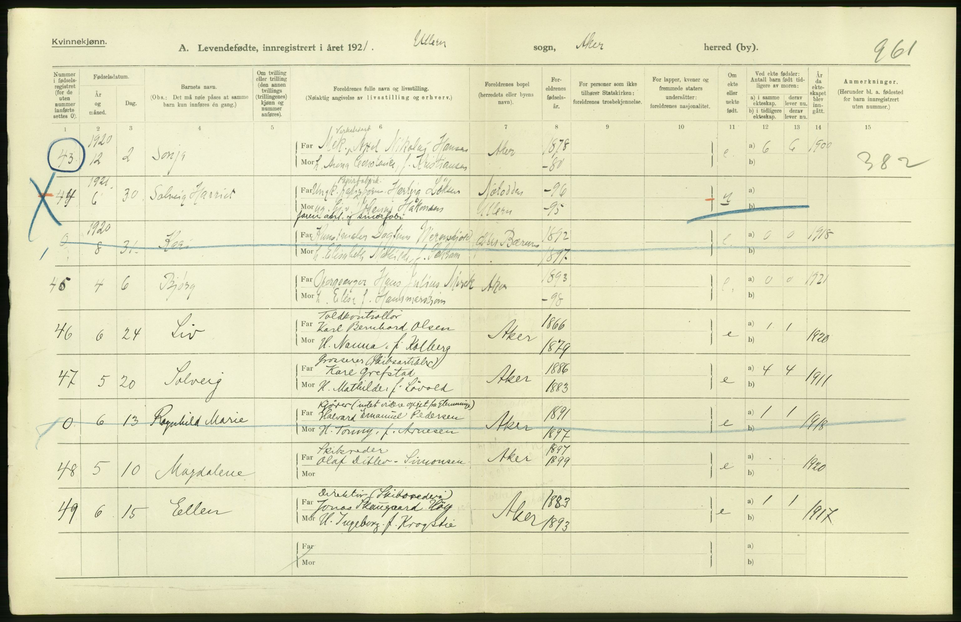 Statistisk sentralbyrå, Sosiodemografiske emner, Befolkning, AV/RA-S-2228/D/Df/Dfc/Dfca/L0004: Akershus fylke: Levendefødte menn og kvinner. Bygder., 1921, p. 54