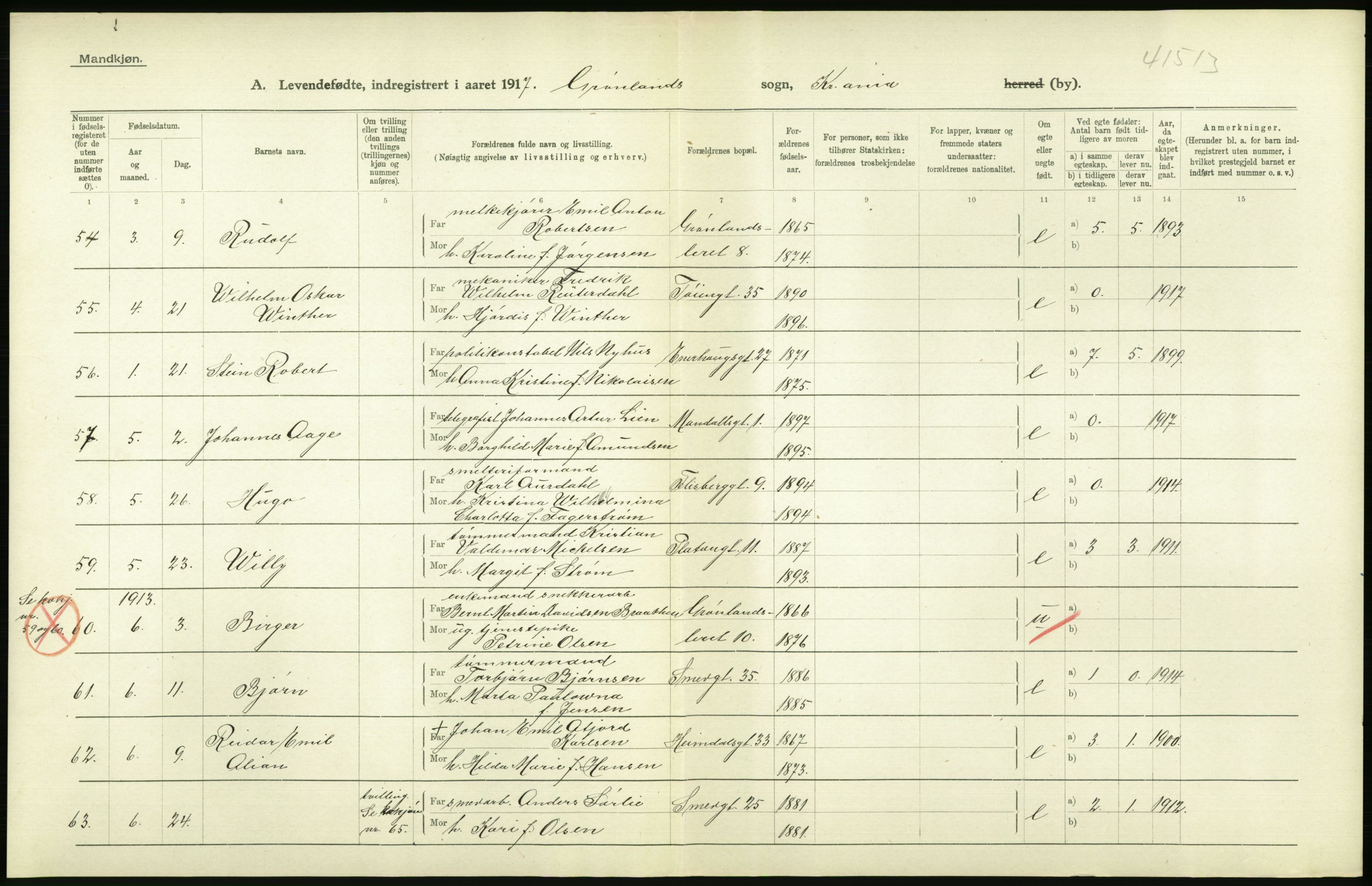 Statistisk sentralbyrå, Sosiodemografiske emner, Befolkning, AV/RA-S-2228/D/Df/Dfb/Dfbg/L0006: Kristiania: Levendefødte menn og kvinner., 1917, p. 14