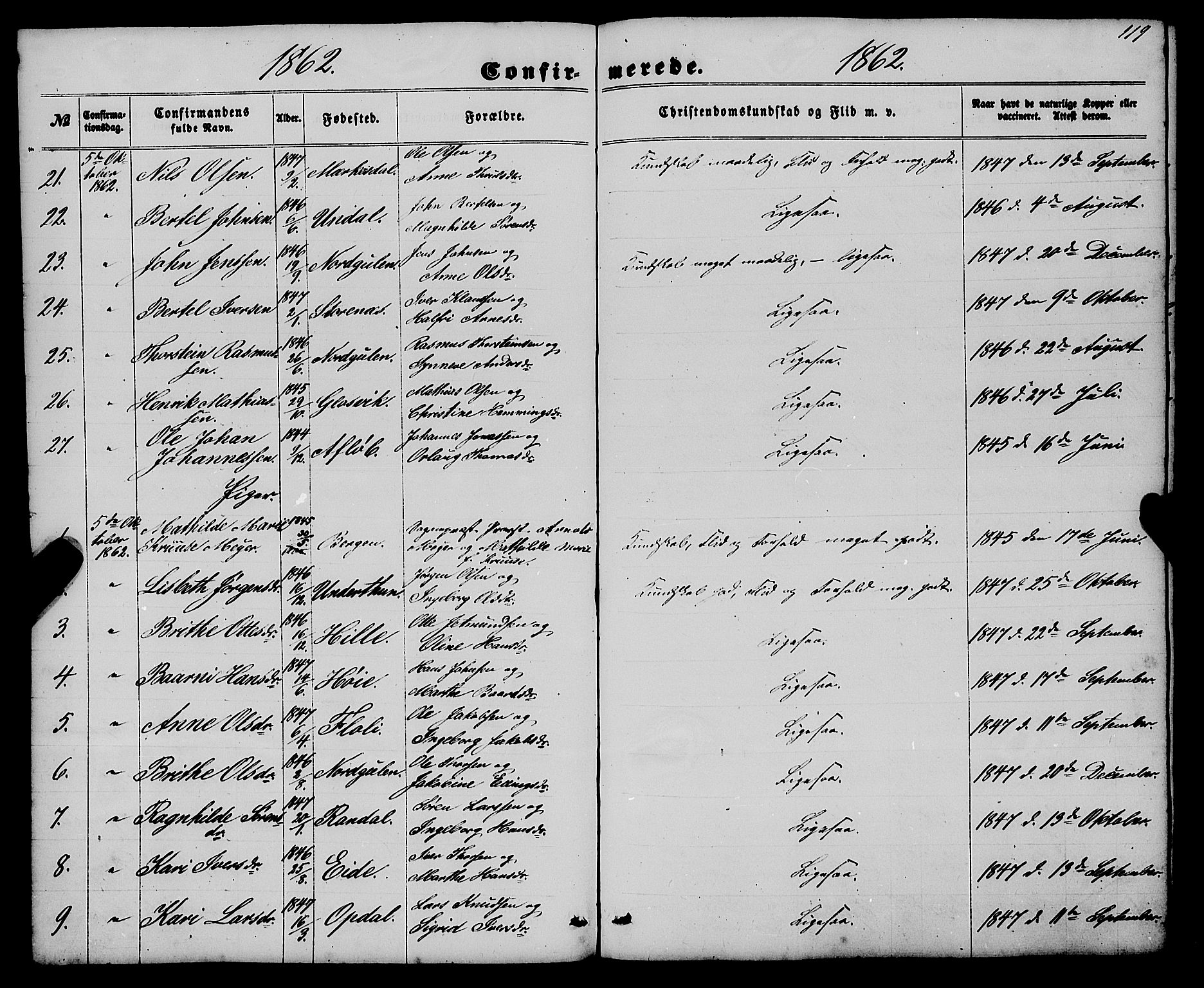 Gulen sokneprestembete, AV/SAB-A-80201/H/Haa/Haaa/L0022: Parish register (official) no. A 22, 1859-1869, p. 119