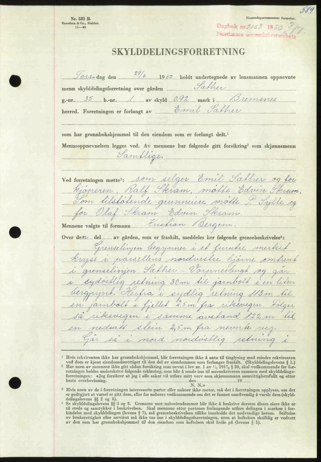 Nordmøre sorenskriveri, AV/SAT-A-4132/1/2/2Ca: Mortgage book no. A115, 1950-1950, Diary no: : 2103/1950