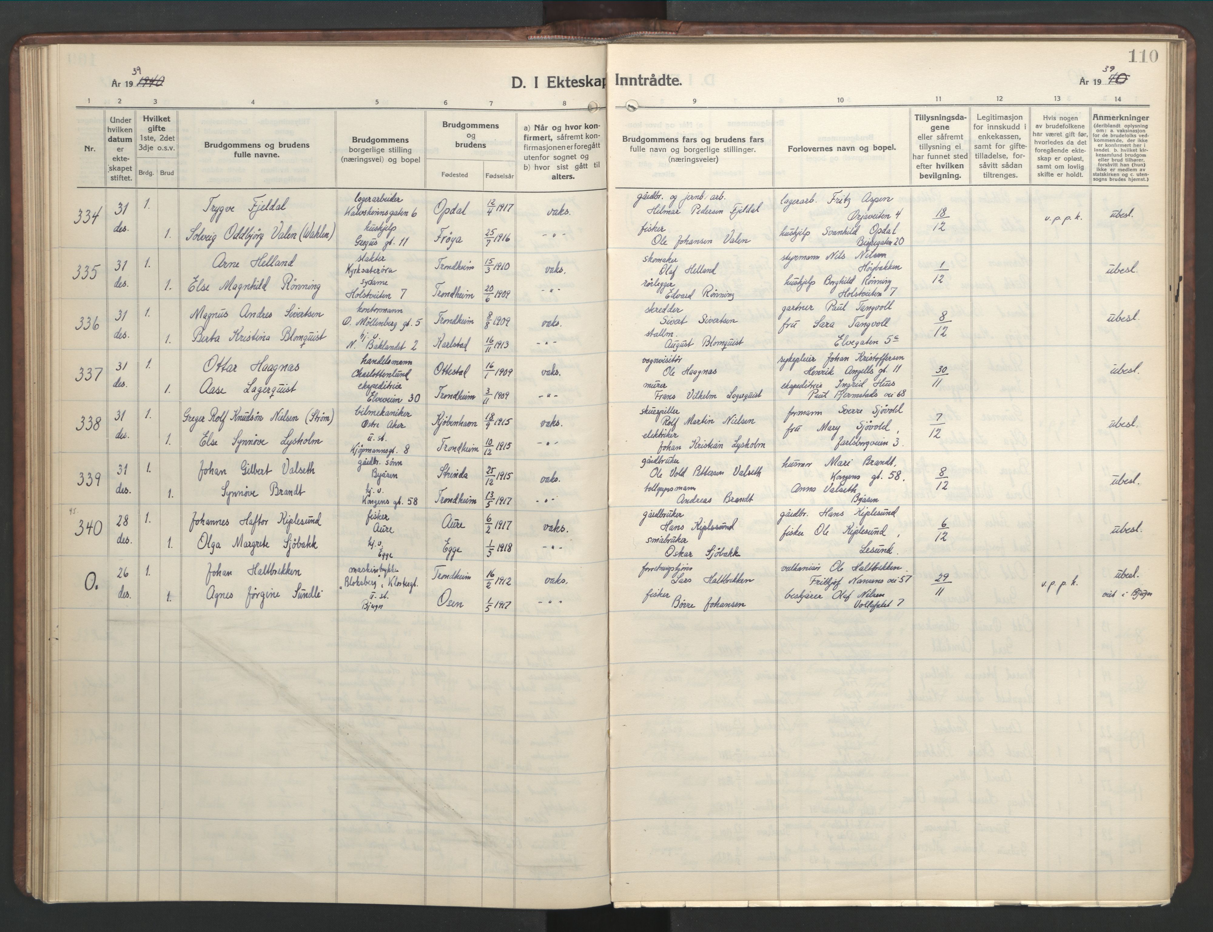 Ministerialprotokoller, klokkerbøker og fødselsregistre - Sør-Trøndelag, SAT/A-1456/601/L0101: Parish register (copy) no. 601C19, 1935-1946, p. 110