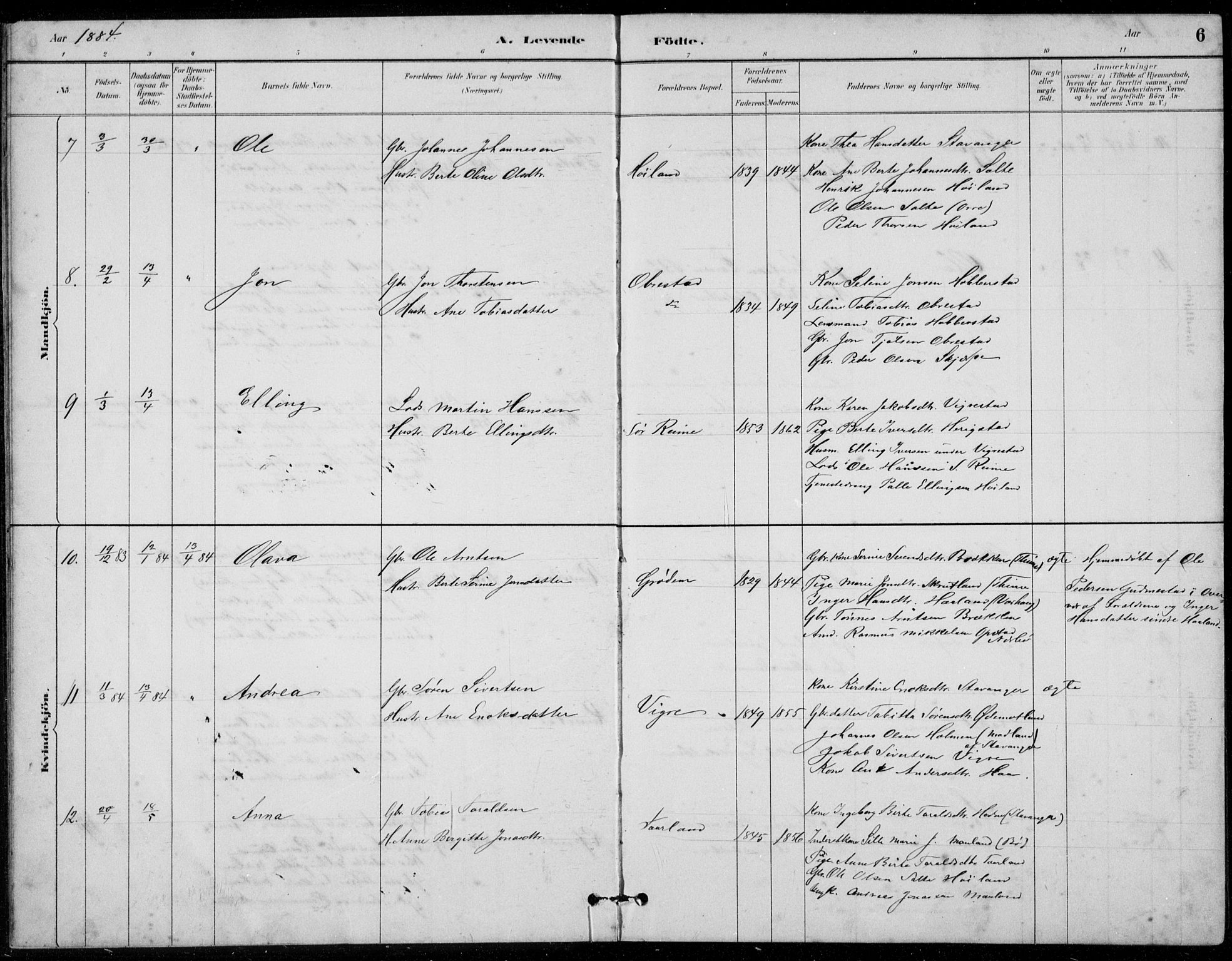 Hå sokneprestkontor, AV/SAST-A-101801/001/30BB/L0003: Parish register (copy) no. B 3, 1883-1894, p. 6