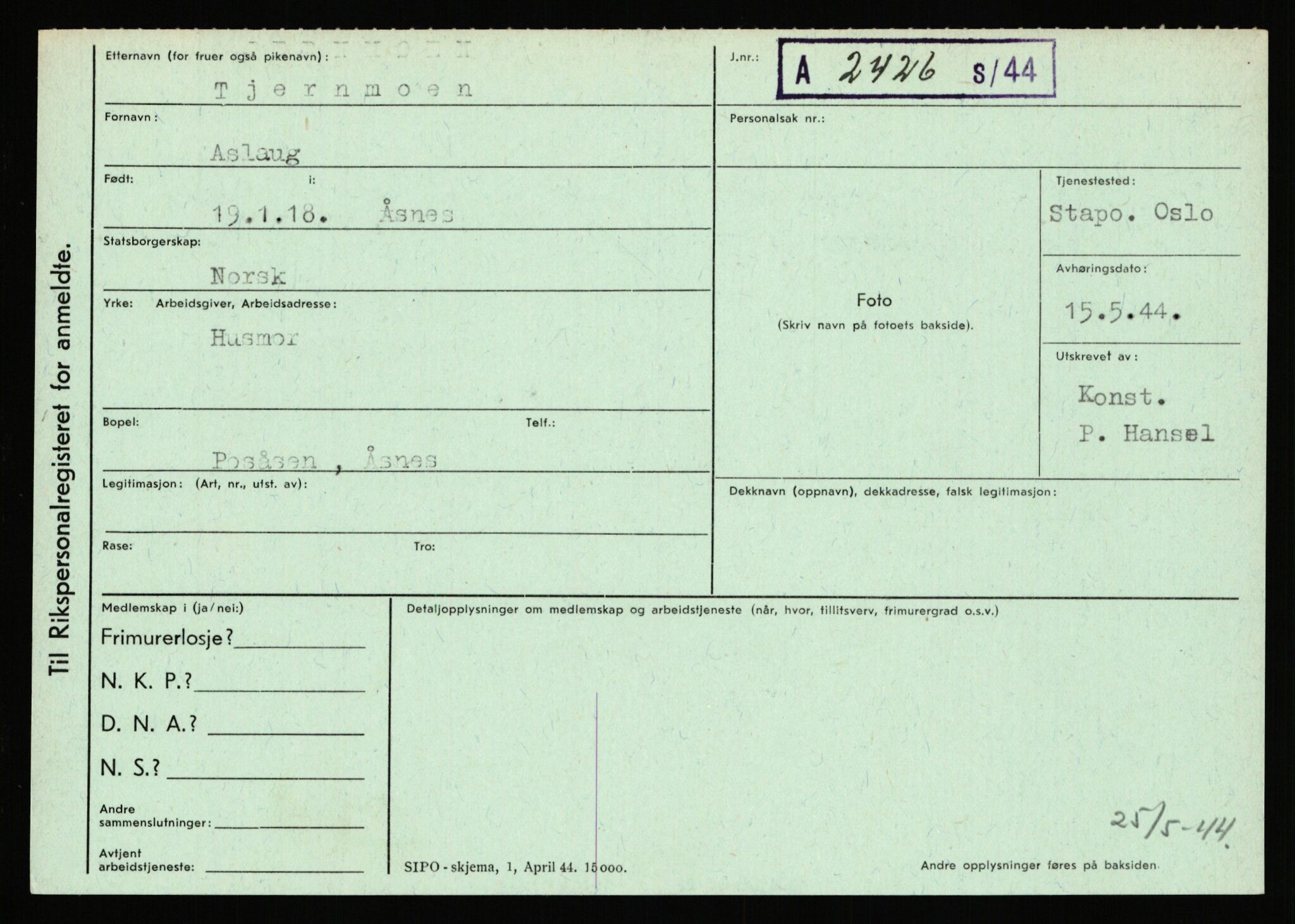 Statspolitiet - Hovedkontoret / Osloavdelingen, AV/RA-S-1329/C/Ca/L0015: Svea - Tøsse, 1943-1945, p. 3260