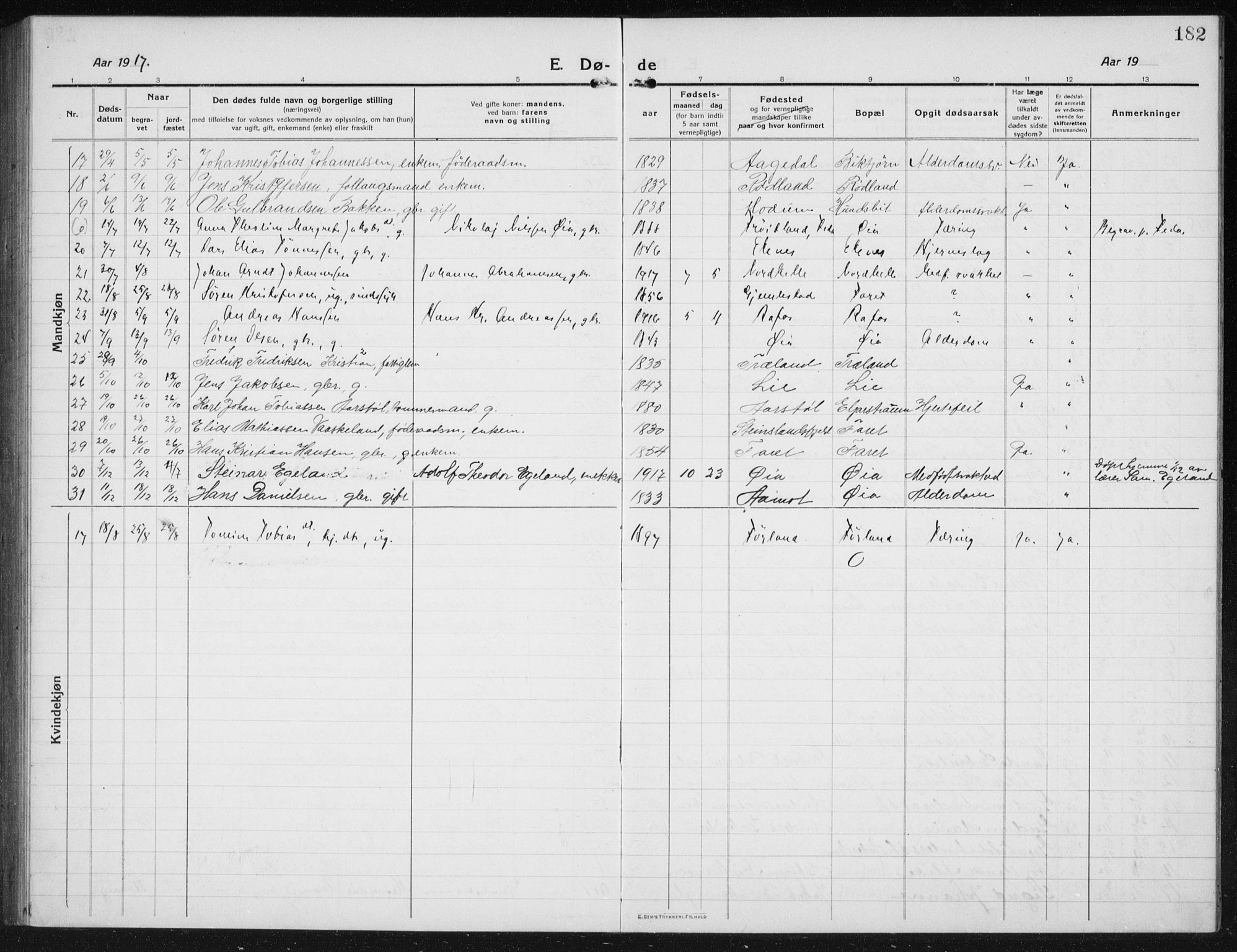 Kvinesdal sokneprestkontor, SAK/1111-0026/F/Fb/Fbb/L0004: Parish register (copy) no. B 4, 1917-1938, p. 182