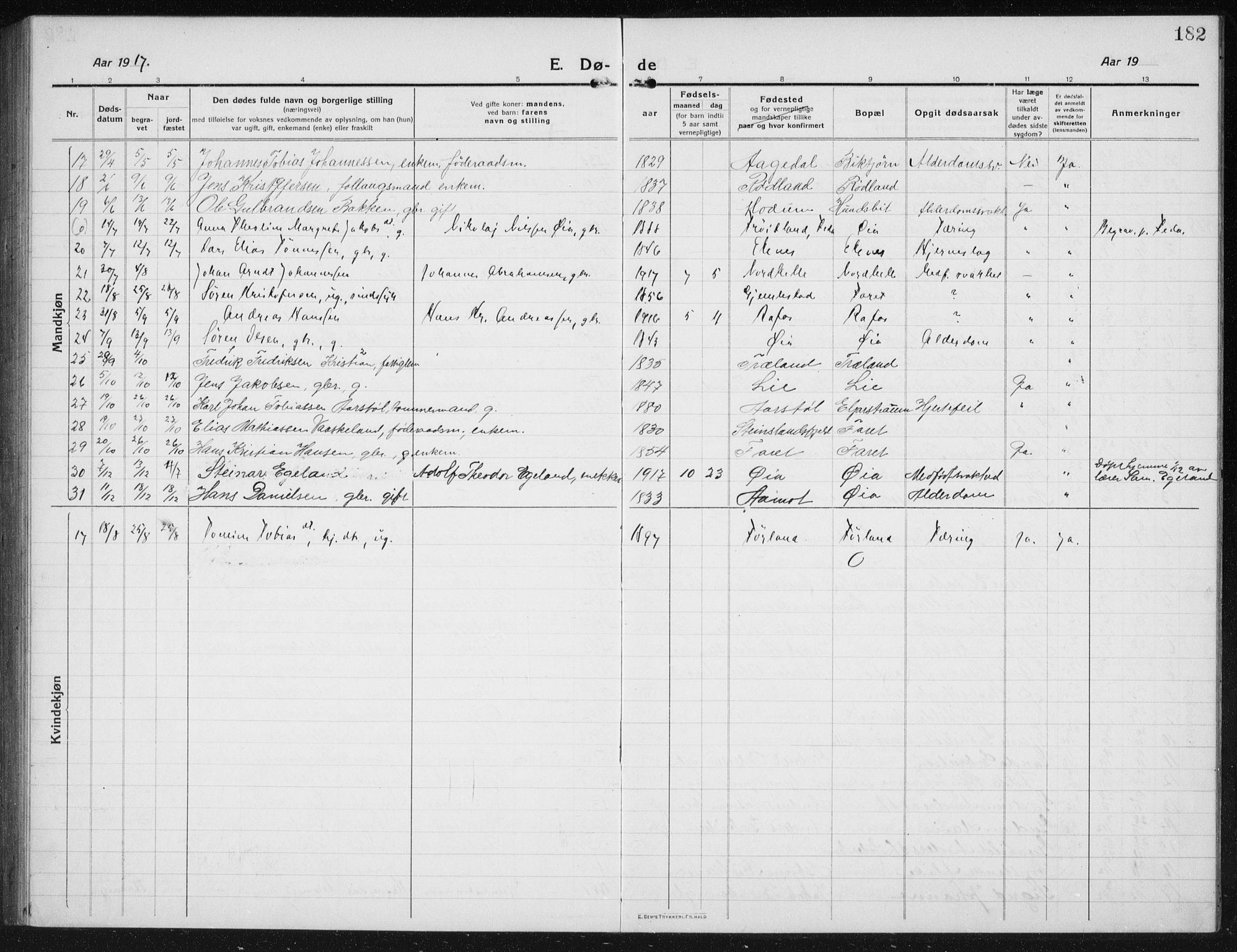 Kvinesdal sokneprestkontor, AV/SAK-1111-0026/F/Fb/Fbb/L0004: Parish register (copy) no. B 4, 1917-1938, p. 182