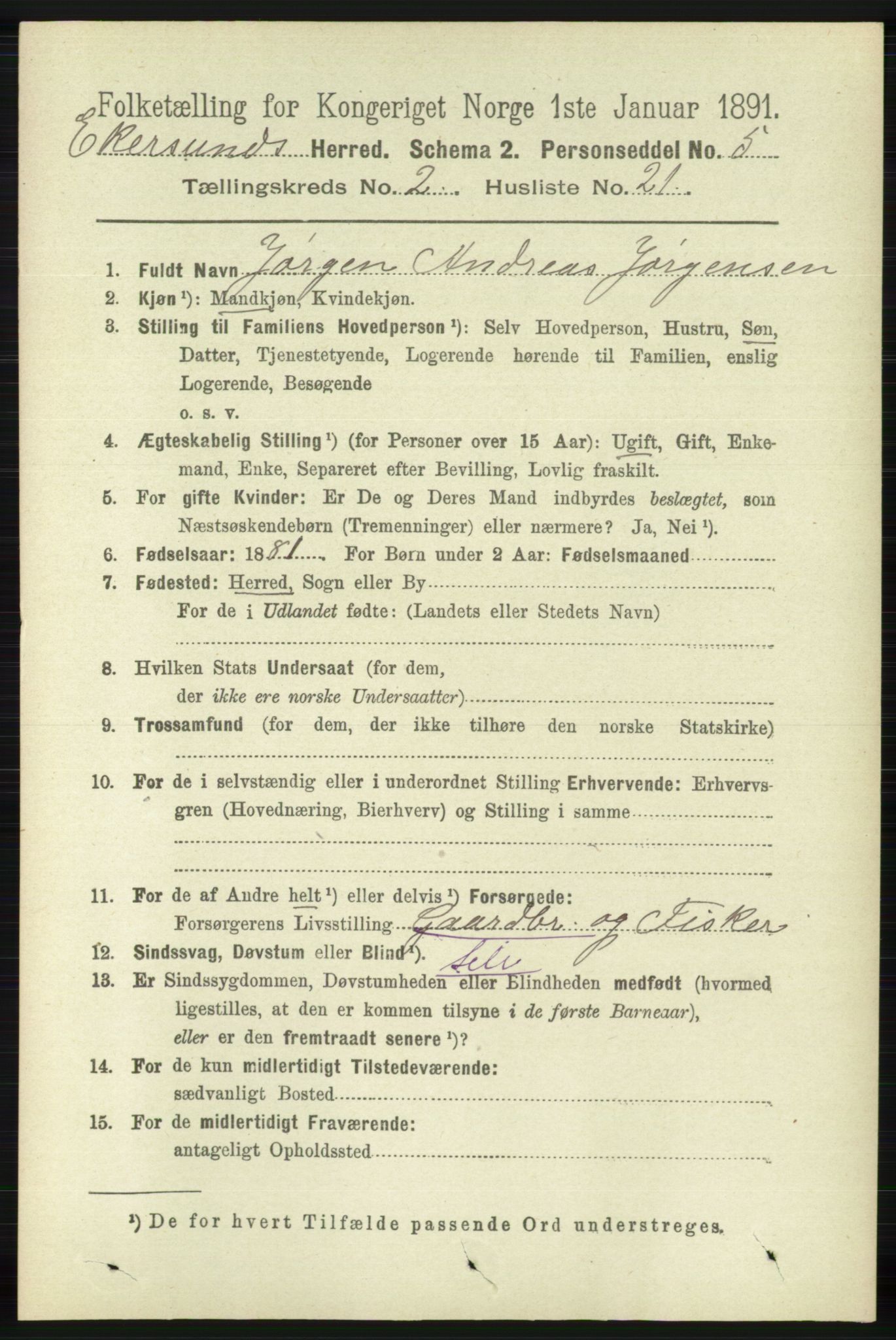 RA, 1891 census for 1116 Eigersund herred, 1891, p. 564