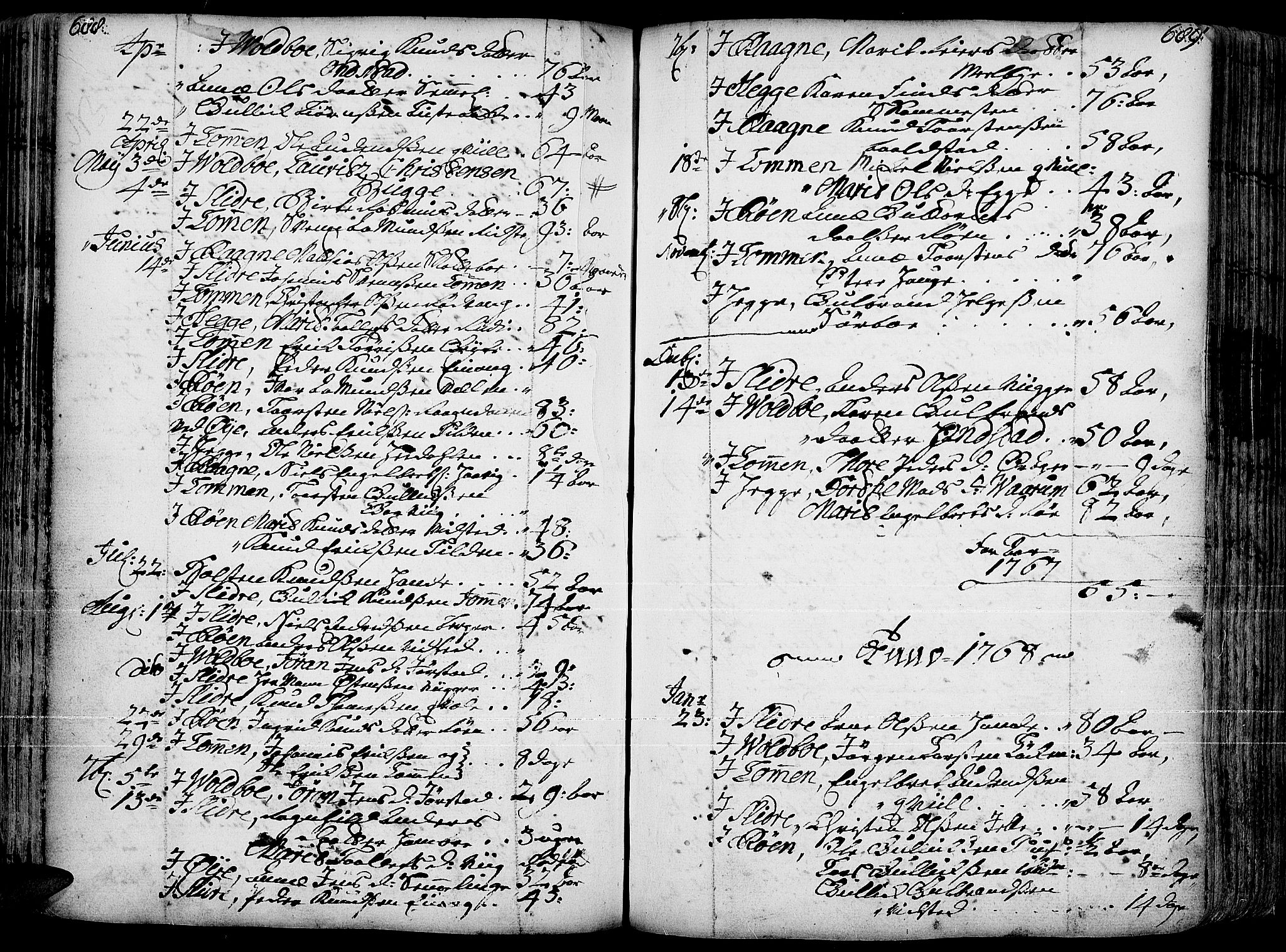 Slidre prestekontor, SAH/PREST-134/H/Ha/Haa/L0001: Parish register (official) no. 1, 1724-1814, p. 688-689