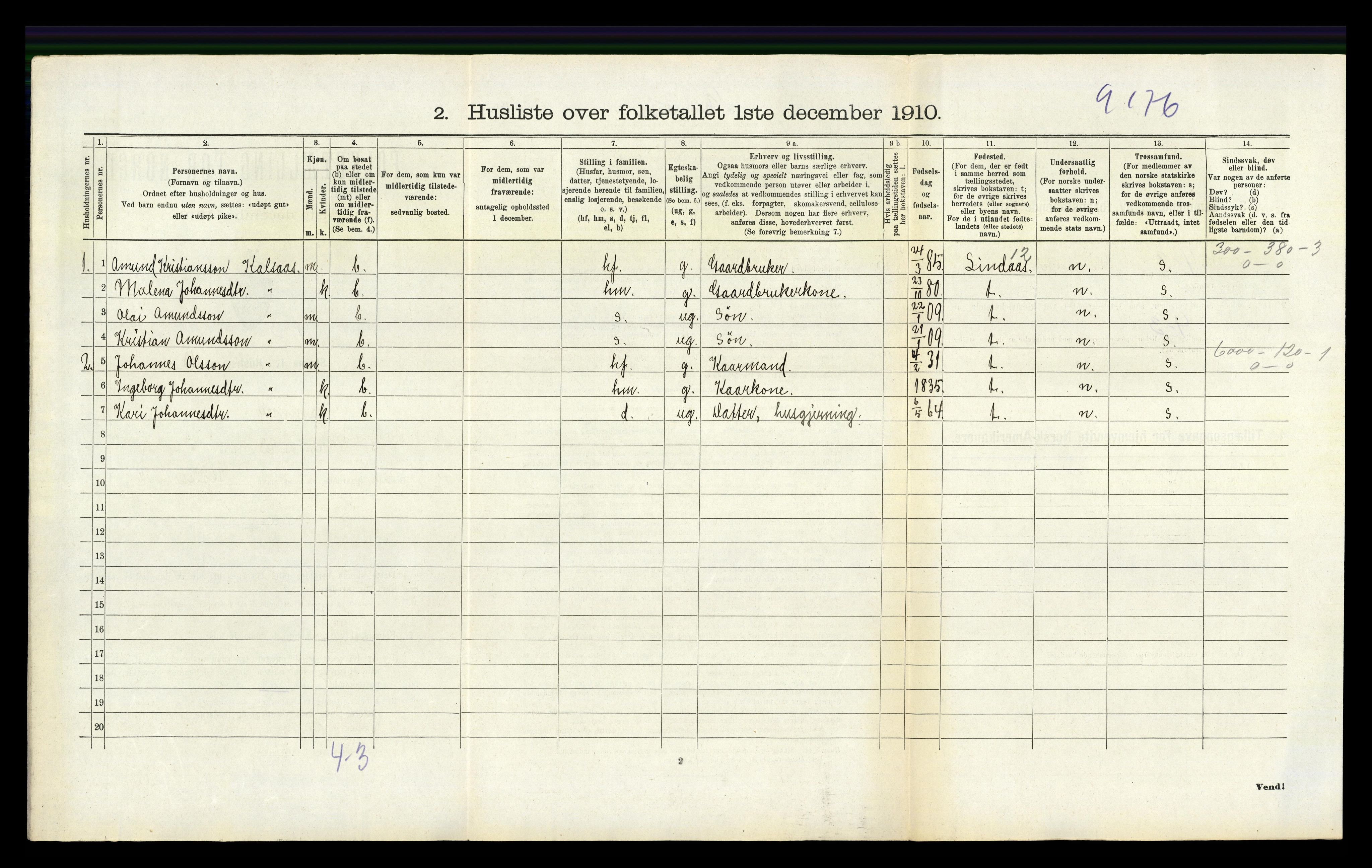 RA, 1910 census for Hamre, 1910, p. 327