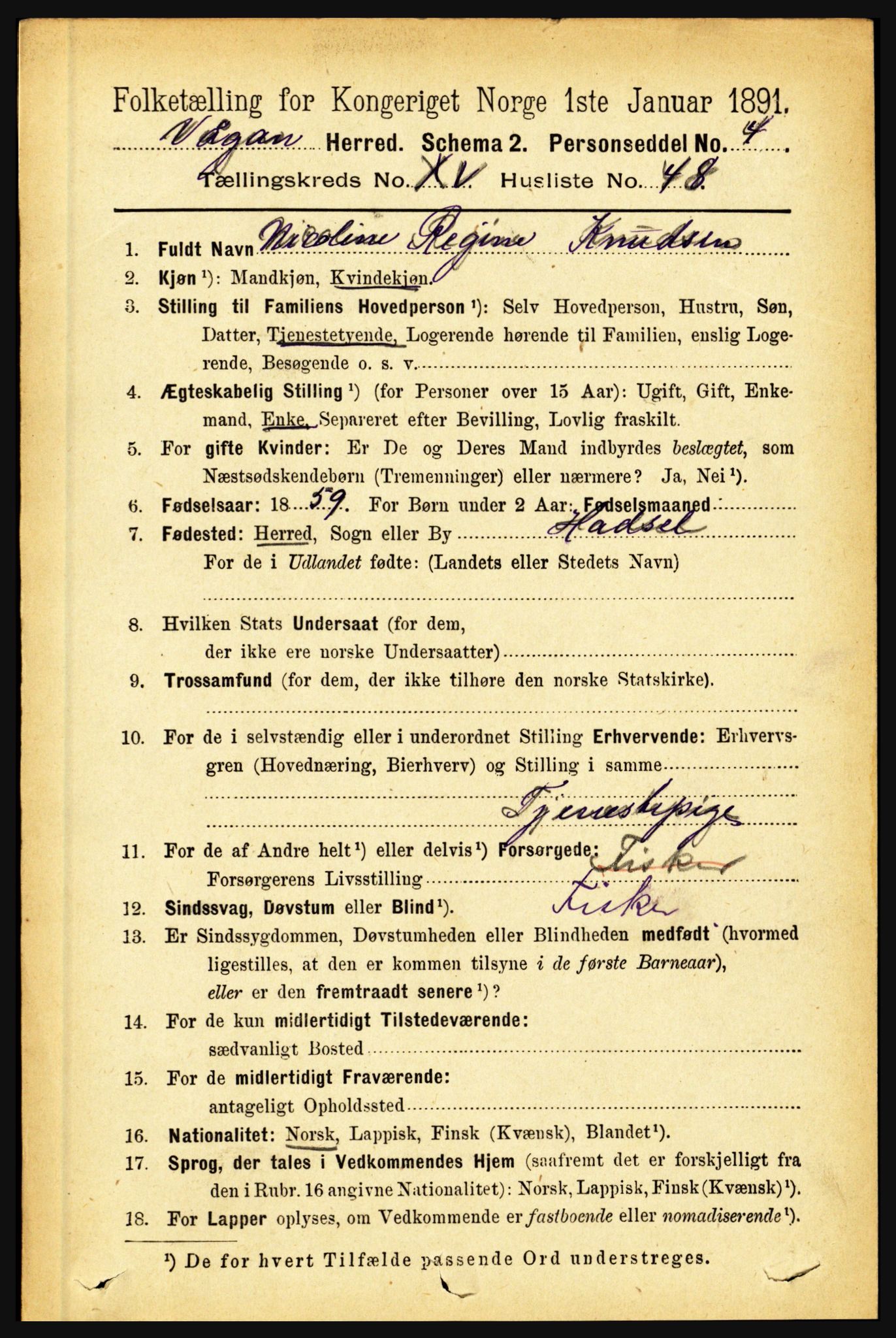 RA, 1891 census for 1865 Vågan, 1891, p. 4509