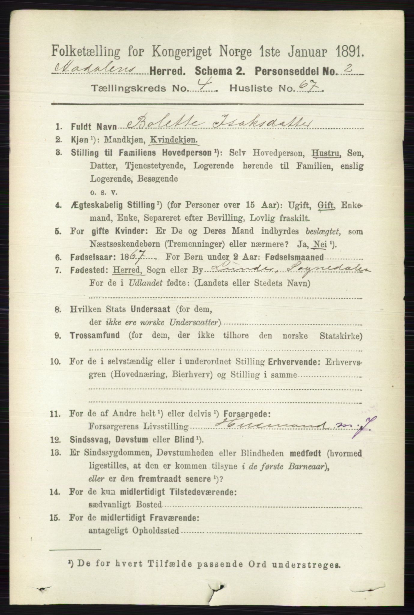 RA, 1891 census for 0614 Ådal, 1891, p. 1919