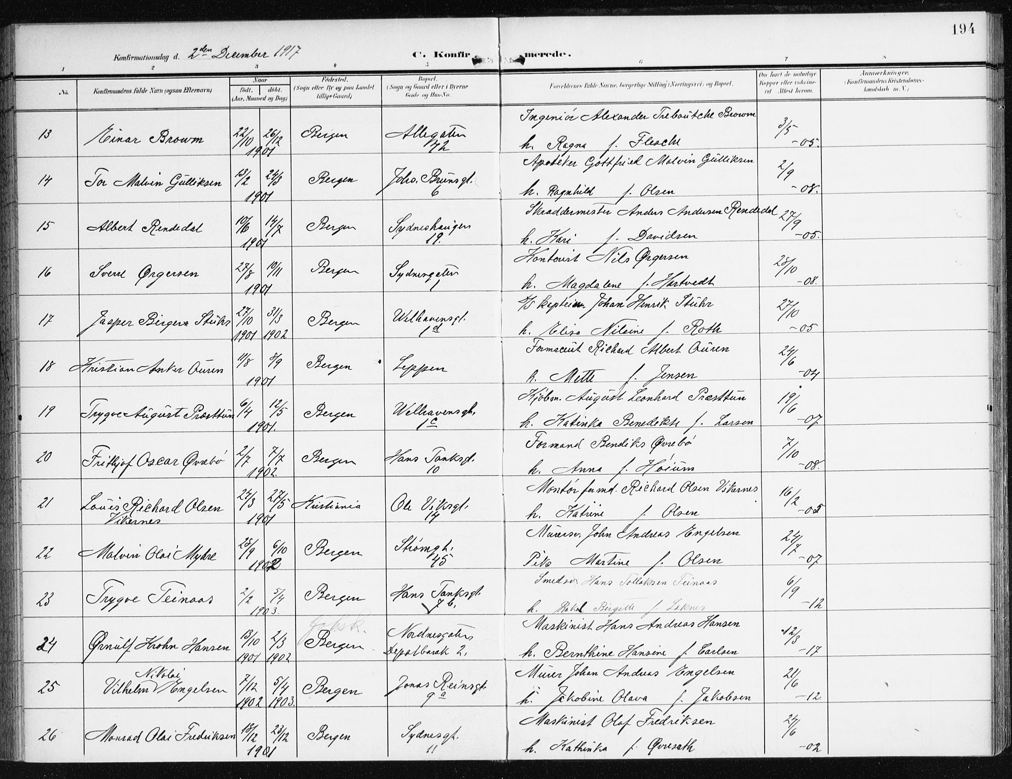 Johanneskirken sokneprestembete, AV/SAB-A-76001/H/Haa/L0009: Parish register (official) no. C 2, 1907-1924, p. 194