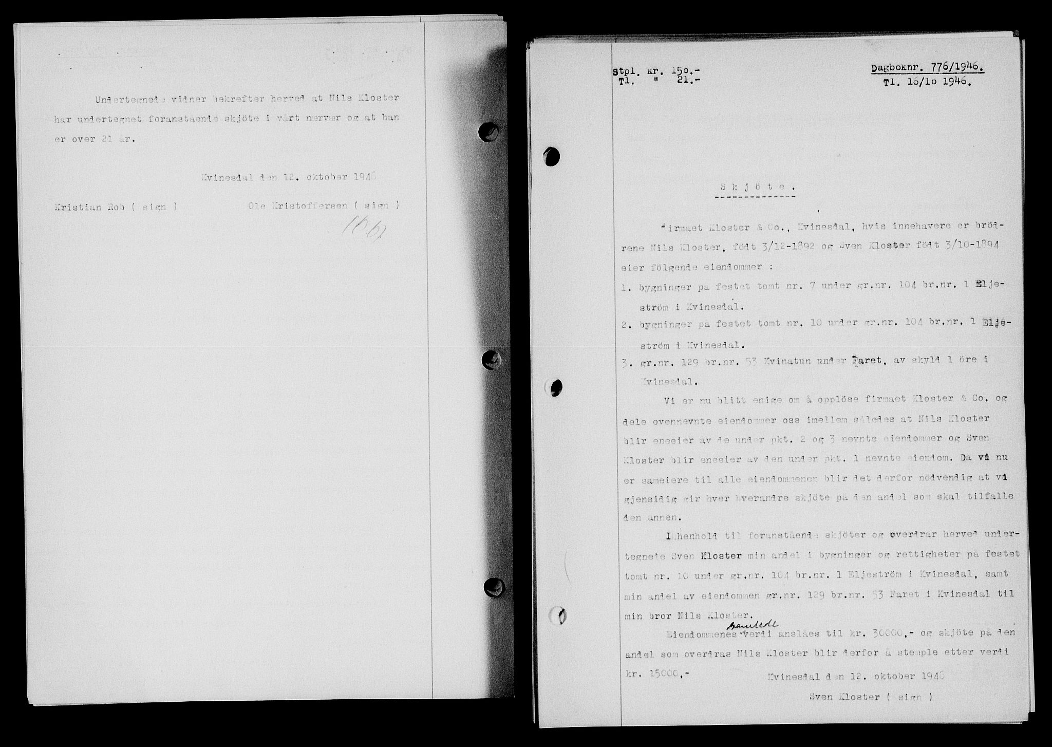 Flekkefjord sorenskriveri, SAK/1221-0001/G/Gb/Gba/L0061: Mortgage book no. A-9, 1946-1947, Diary no: : 776/1946