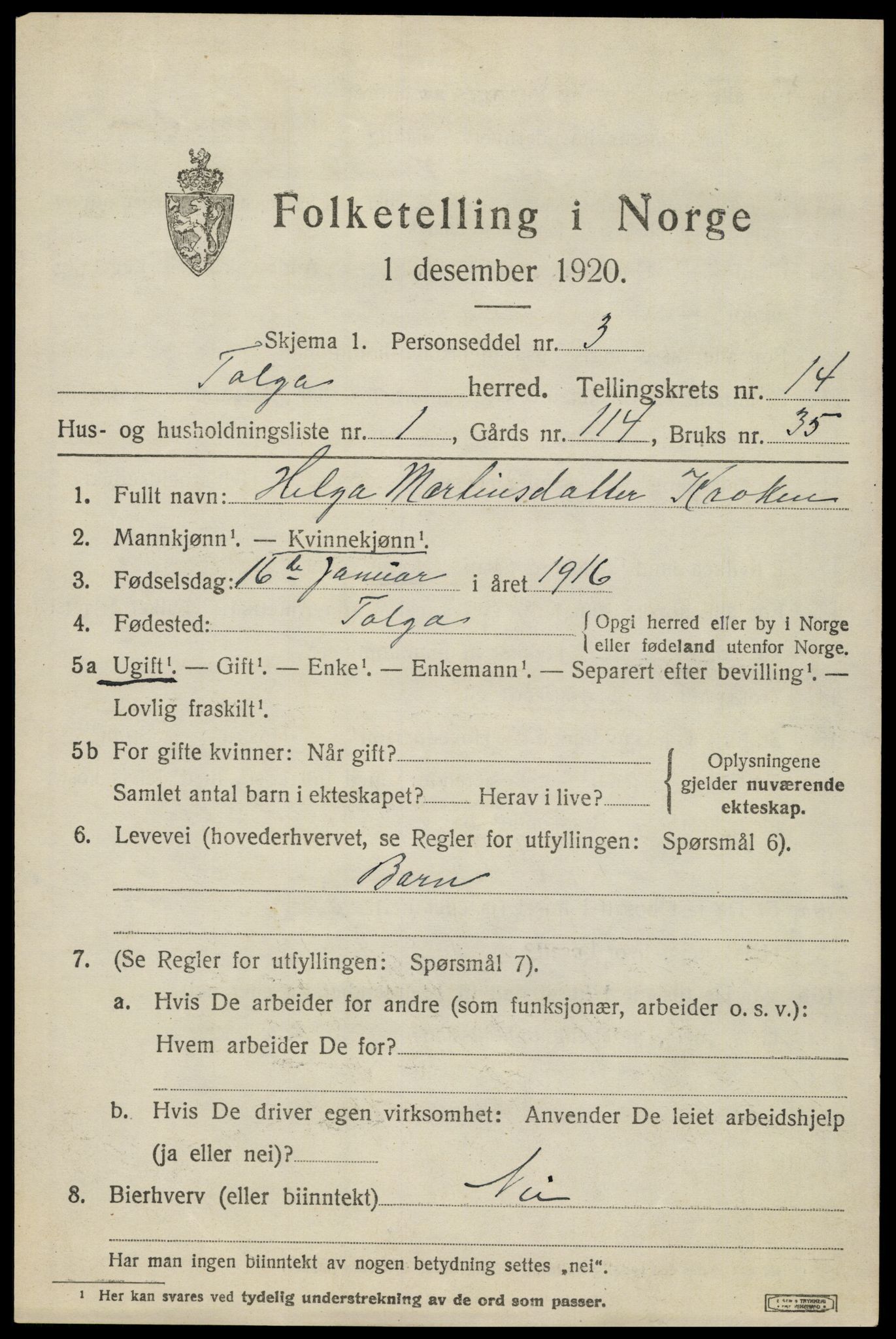 SAH, 1920 census for Tolga, 1920, p. 6241