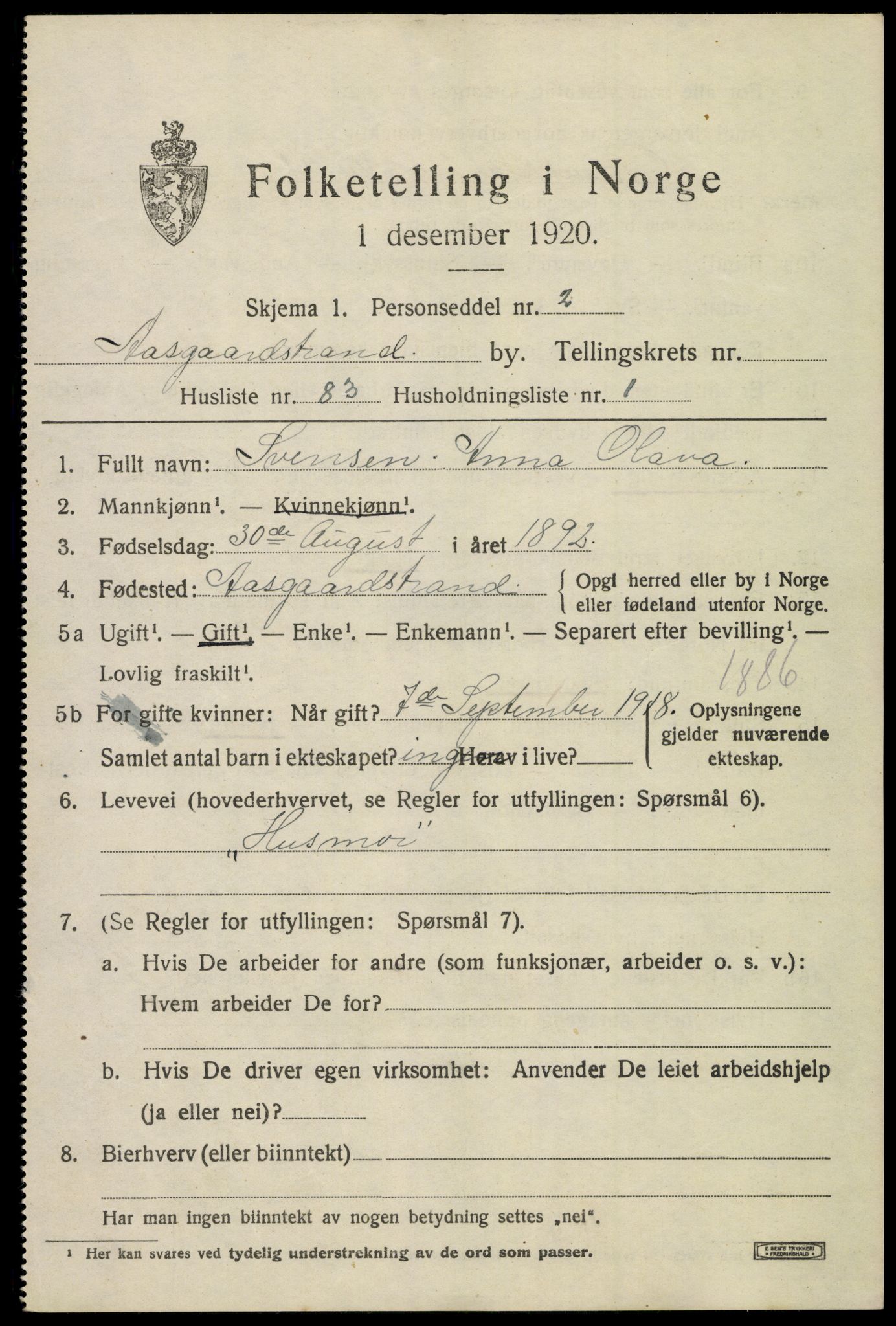 SAKO, 1920 census for Åsgårdstrand, 1920, p. 1235