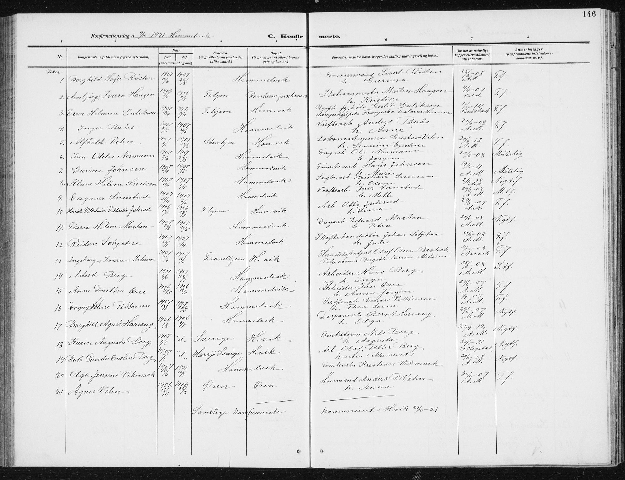 Ministerialprotokoller, klokkerbøker og fødselsregistre - Sør-Trøndelag, SAT/A-1456/617/L0431: Parish register (copy) no. 617C02, 1910-1936, p. 146