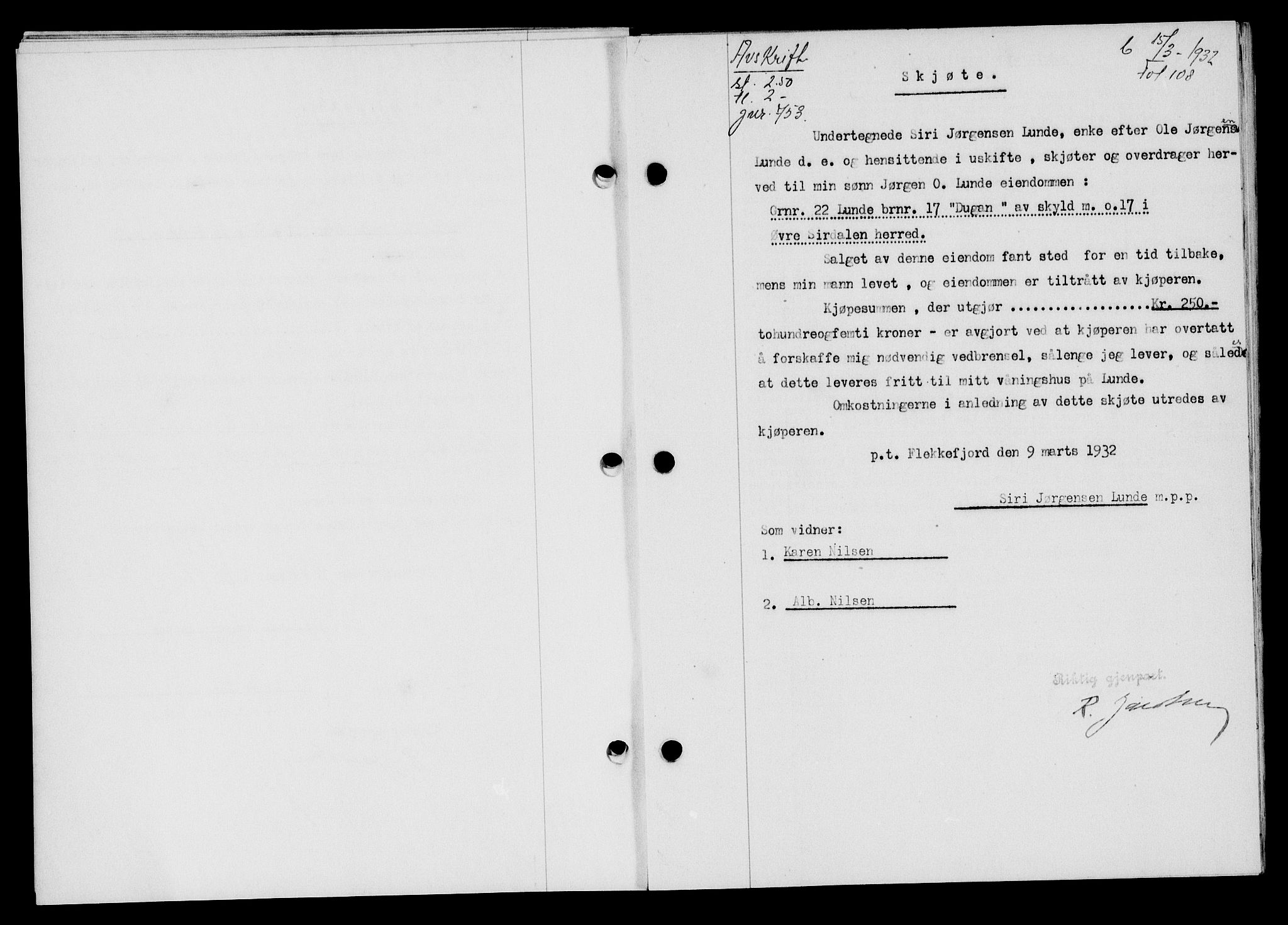 Flekkefjord sorenskriveri, SAK/1221-0001/G/Gb/Gba/L0047: Mortgage book no. 45, 1931-1932, Deed date: 15.03.1932