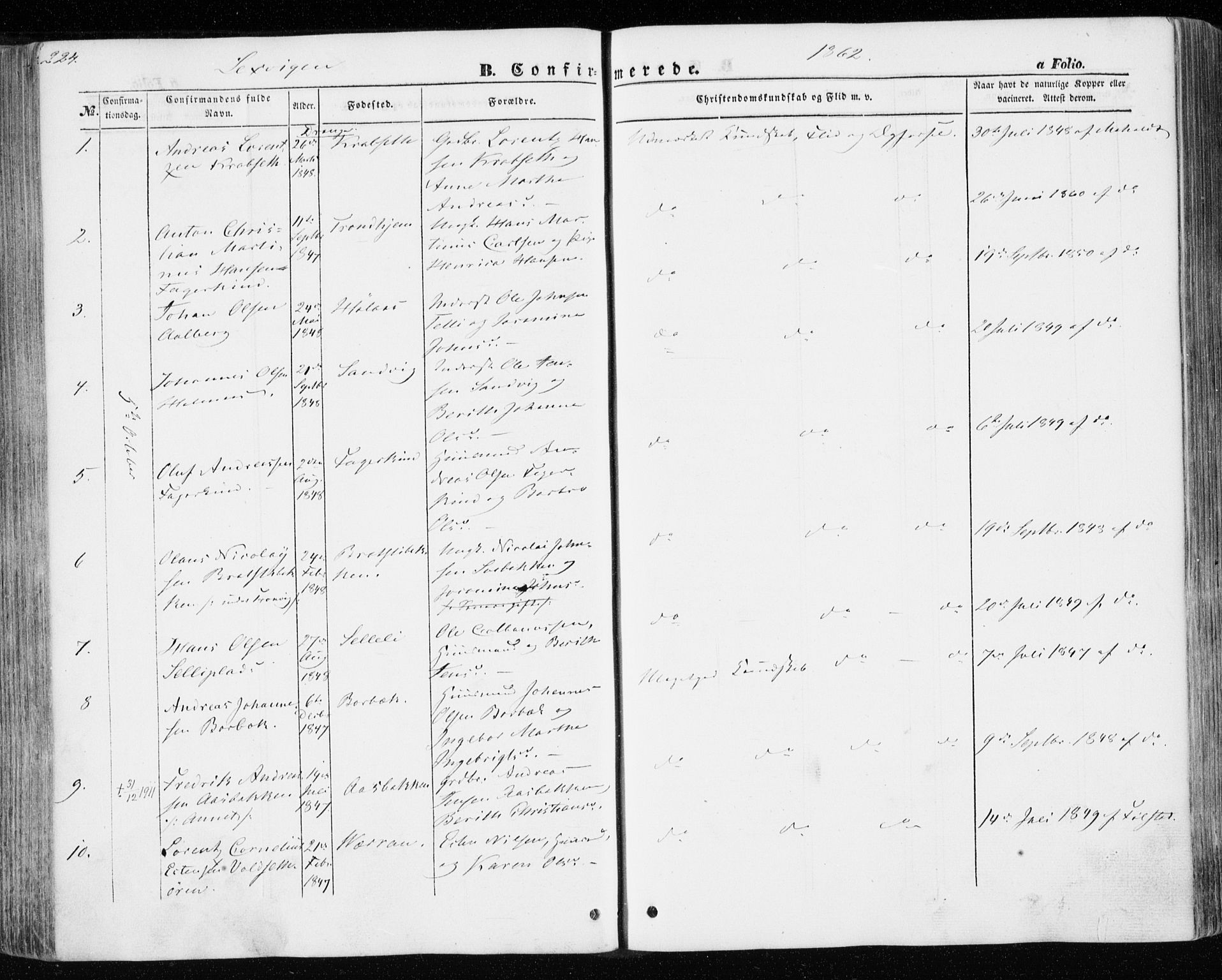 Ministerialprotokoller, klokkerbøker og fødselsregistre - Nord-Trøndelag, SAT/A-1458/701/L0008: Parish register (official) no. 701A08 /1, 1854-1863, p. 224