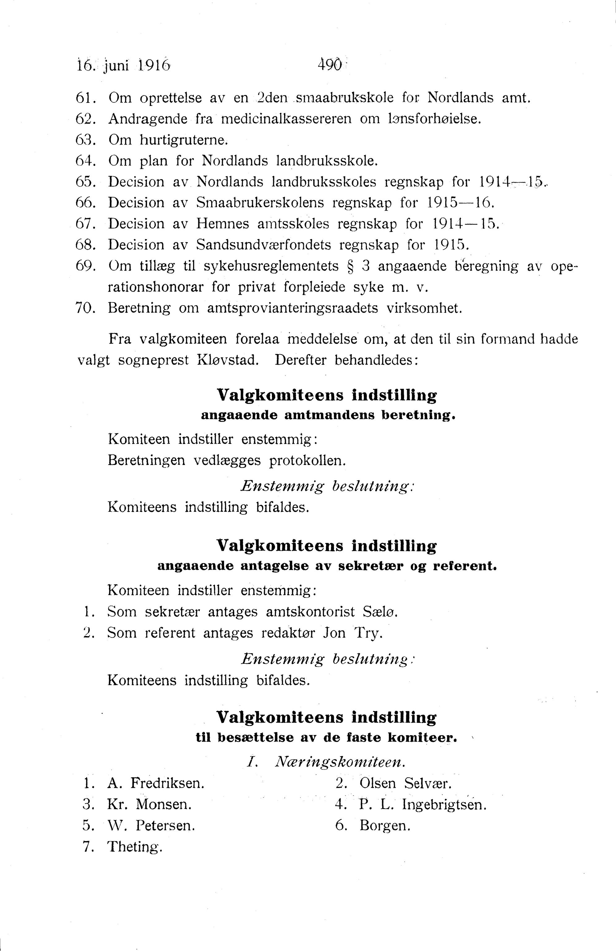 Nordland Fylkeskommune. Fylkestinget, AIN/NFK-17/176/A/Ac/L0039: Fylkestingsforhandlinger 1916, 1916