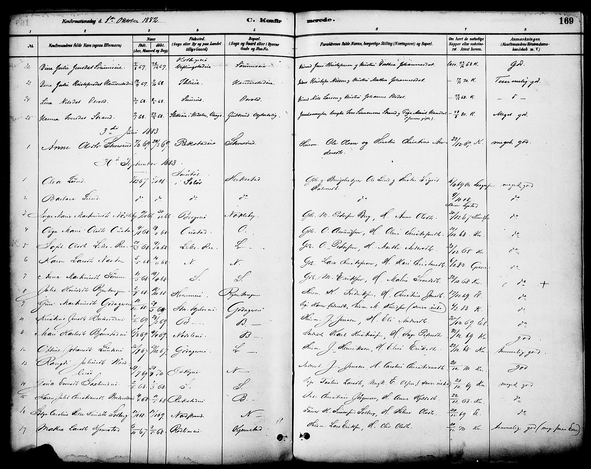 Stange prestekontor, SAH/PREST-002/K/L0017: Parish register (official) no. 17, 1880-1893, p. 169