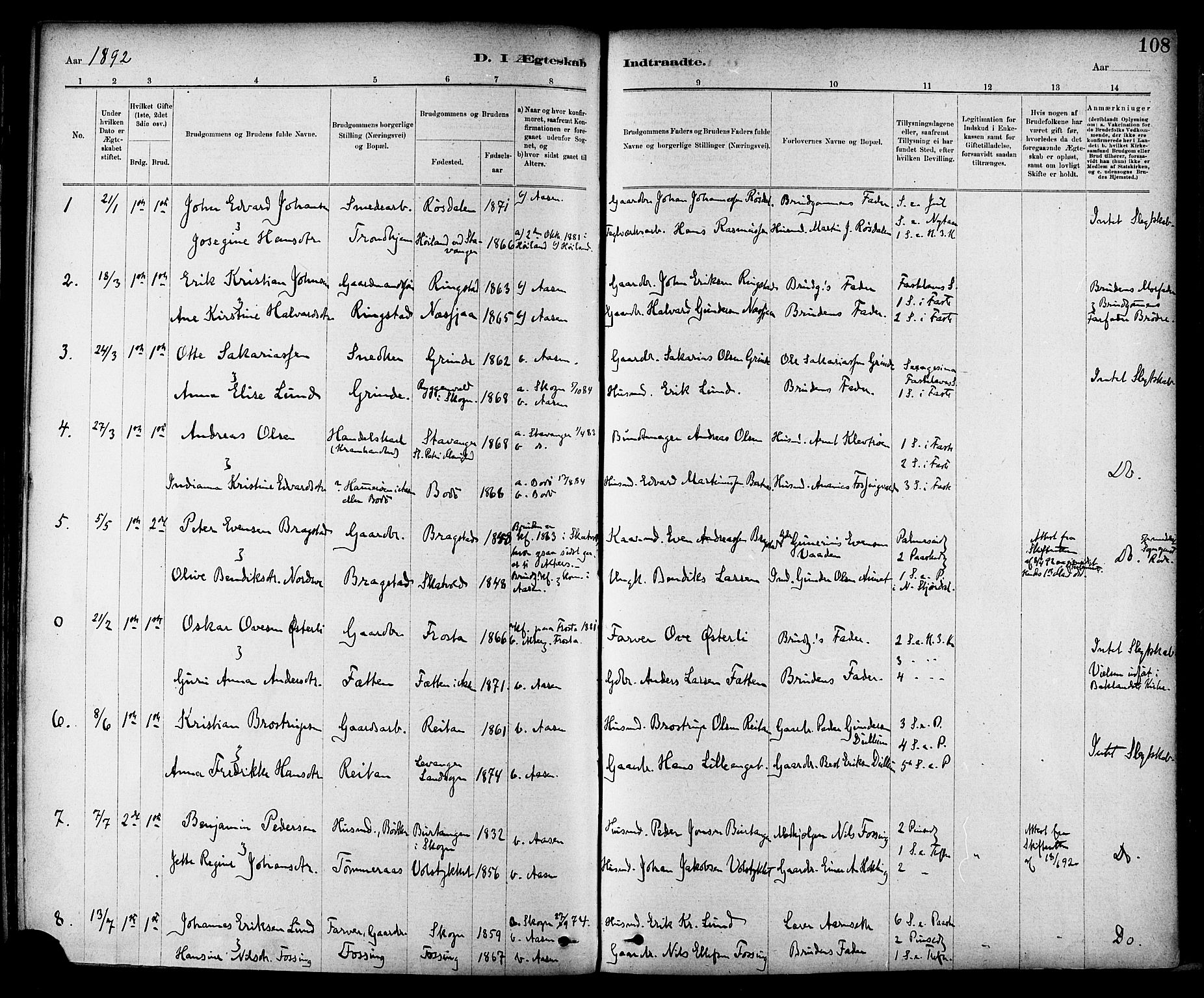 Ministerialprotokoller, klokkerbøker og fødselsregistre - Nord-Trøndelag, SAT/A-1458/714/L0130: Parish register (official) no. 714A01, 1878-1895, p. 108
