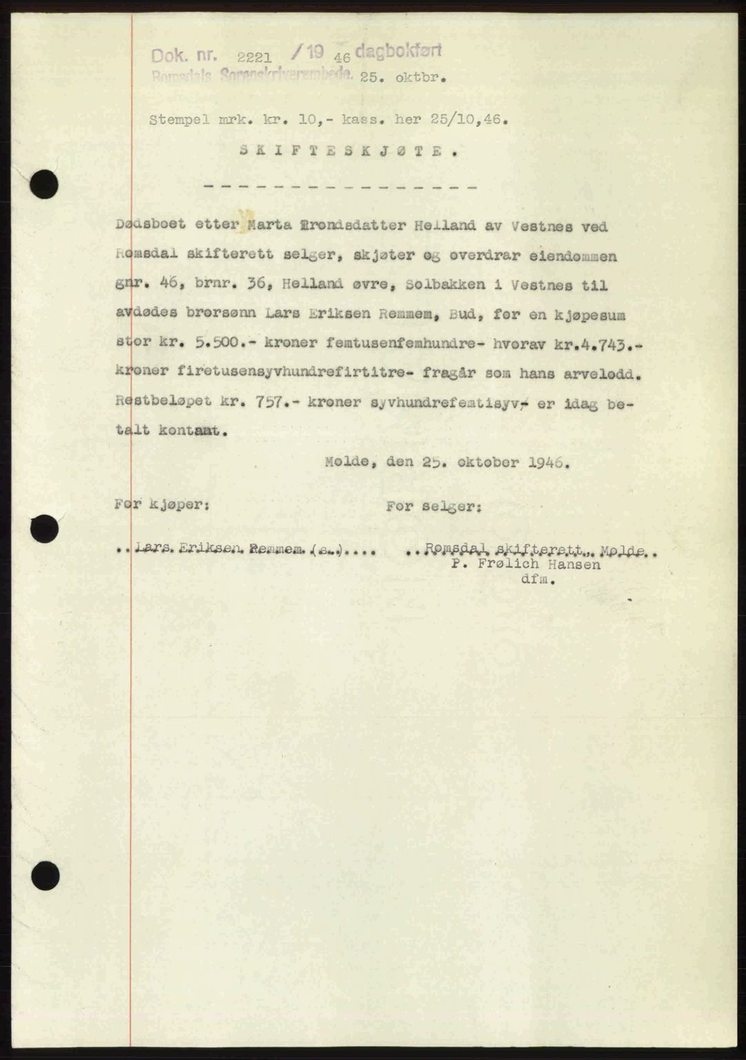 Romsdal sorenskriveri, AV/SAT-A-4149/1/2/2C: Mortgage book no. A21, 1946-1946, Diary no: : 2221/1946