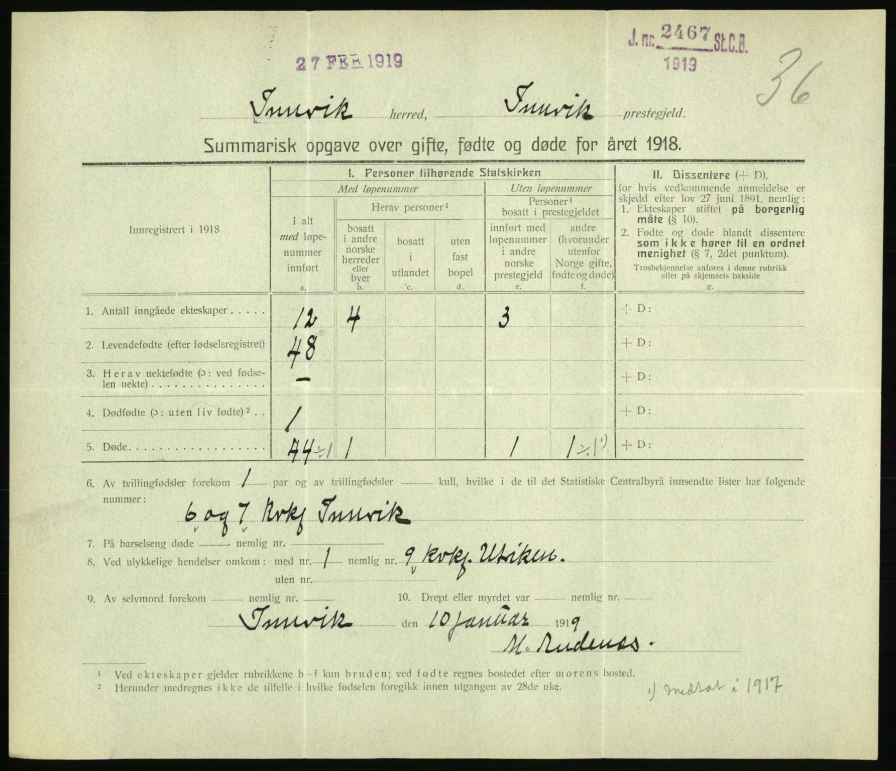 Statistisk sentralbyrå, Sosiodemografiske emner, Befolkning, RA/S-2228/D/Df/Dfb/Dfbh/L0059: Summariske oppgaver over gifte, fødte og døde for hele landet., 1918, p. 1099