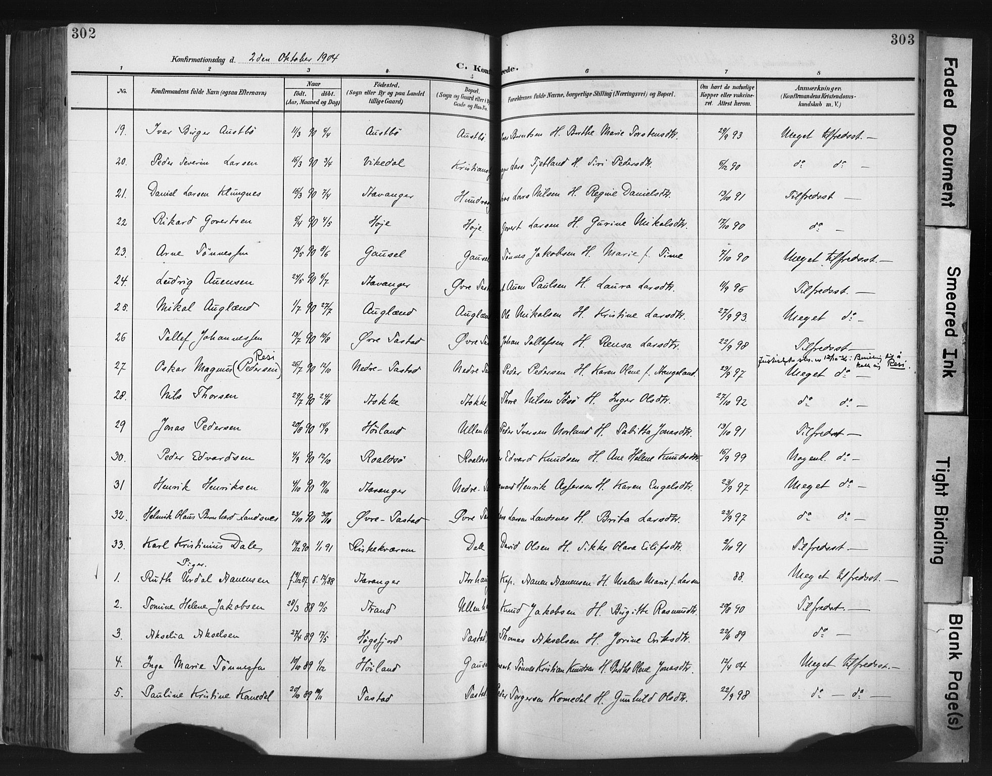 Hetland sokneprestkontor, SAST/A-101826/30/30BA/L0013: Parish register (official) no. A 13, 1904-1918, p. 302-303