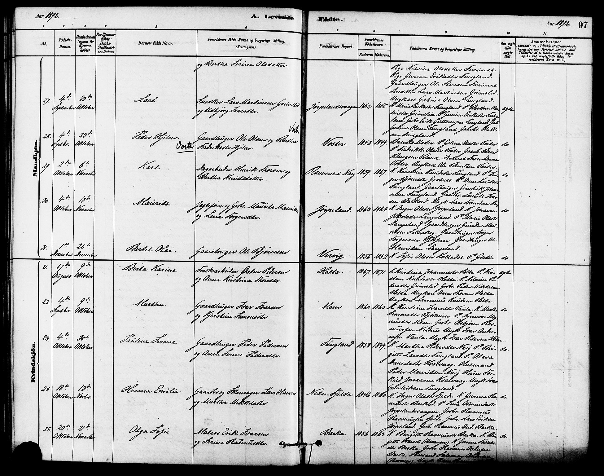 Strand sokneprestkontor, SAST/A-101828/H/Ha/Haa/L0009: Parish register (official) no. A 9, 1877-1908, p. 97