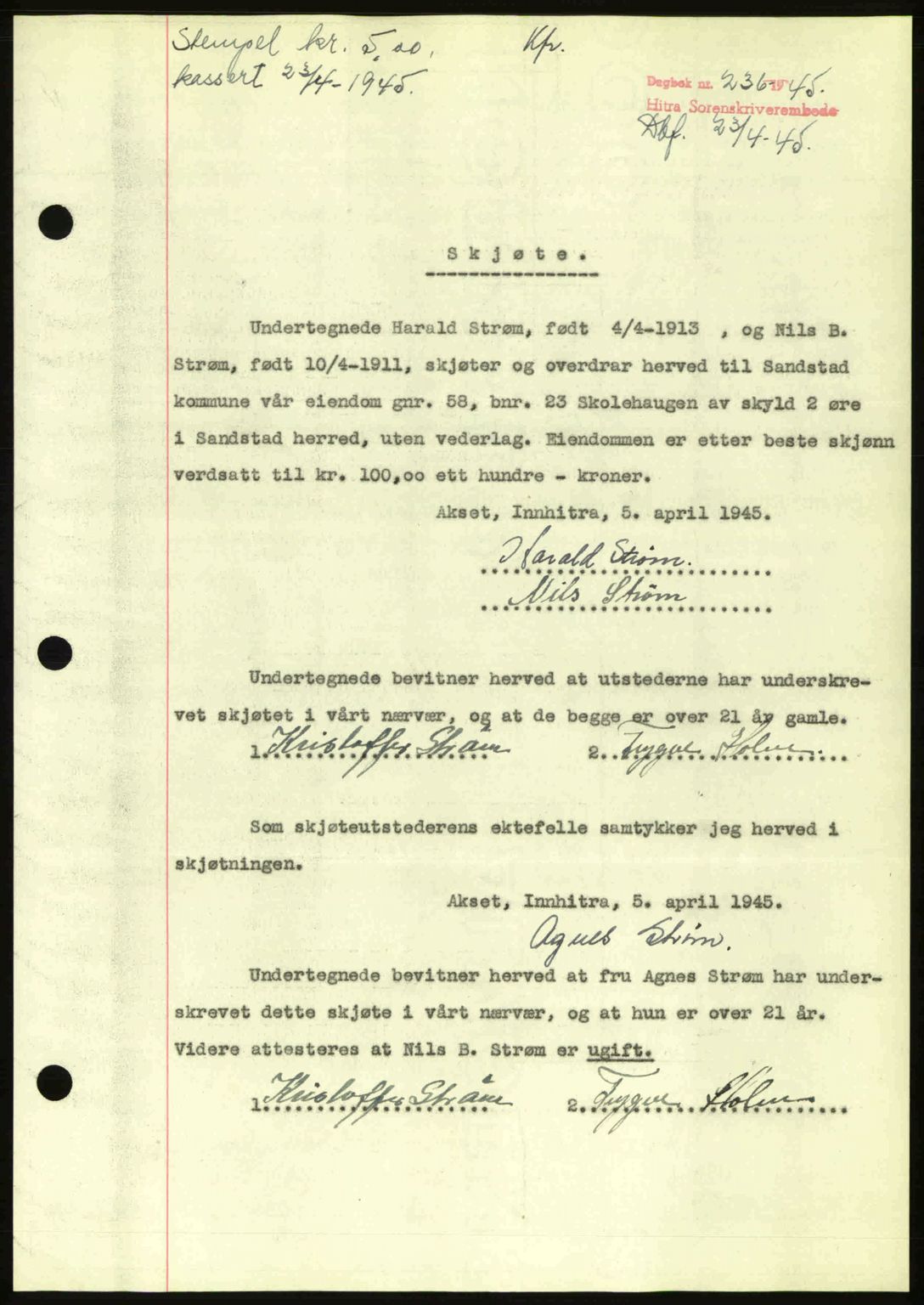 Hitra sorenskriveri, AV/SAT-A-0018/2/2C/2Ca: Mortgage book no. A2, 1943-1945, Diary no: : 236/1945