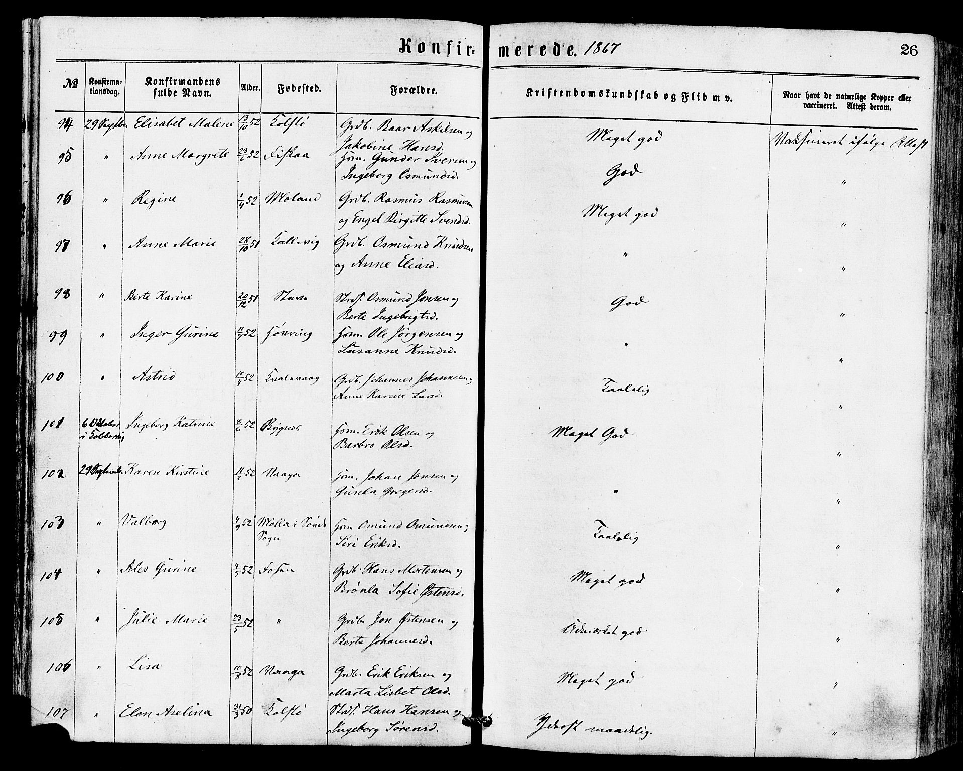 Avaldsnes sokneprestkontor, AV/SAST-A -101851/H/Ha/Haa/L0012: Parish register (official) no. A 12, 1865-1880, p. 26