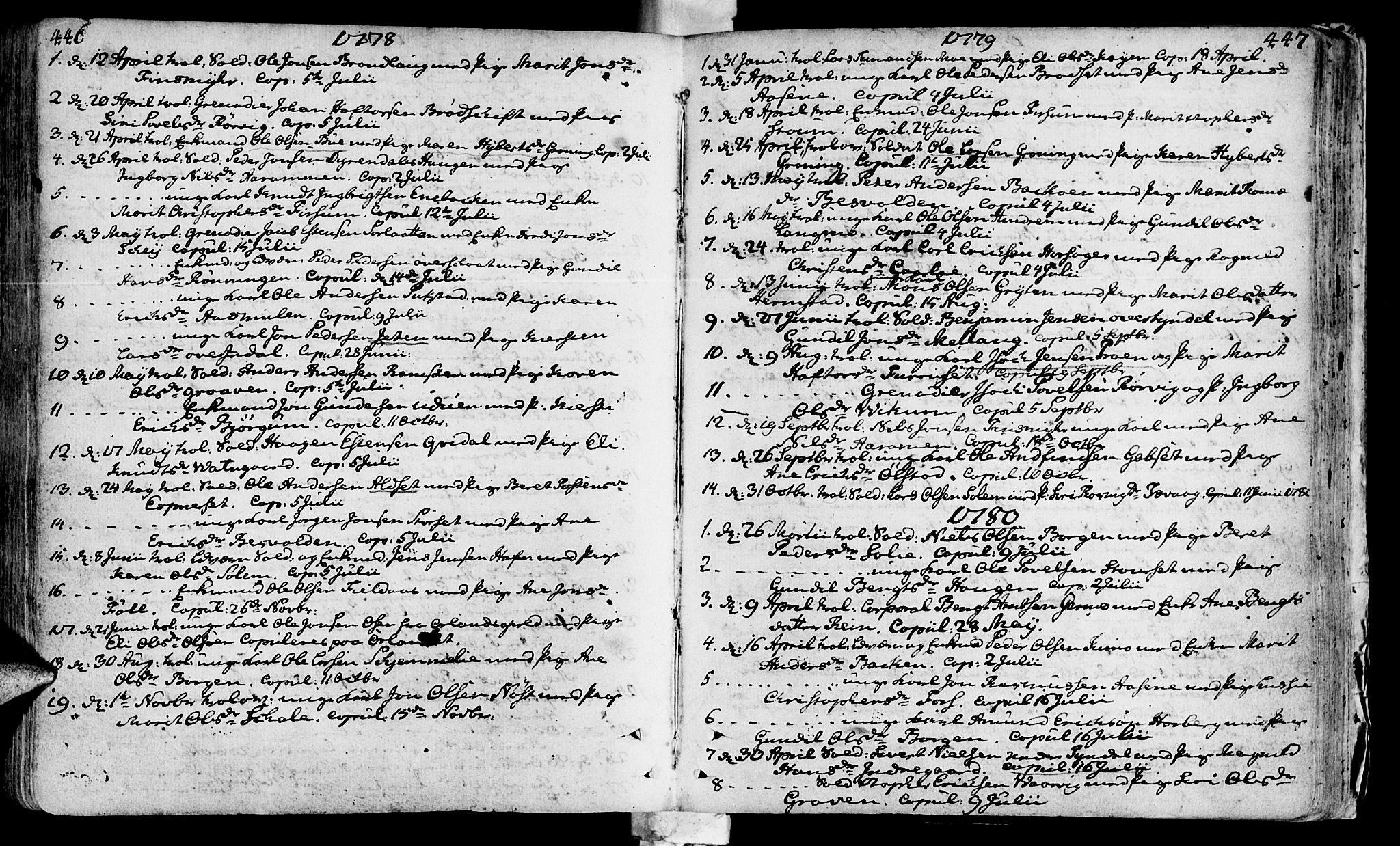 Ministerialprotokoller, klokkerbøker og fødselsregistre - Sør-Trøndelag, SAT/A-1456/646/L0605: Parish register (official) no. 646A03, 1751-1790, p. 446-447