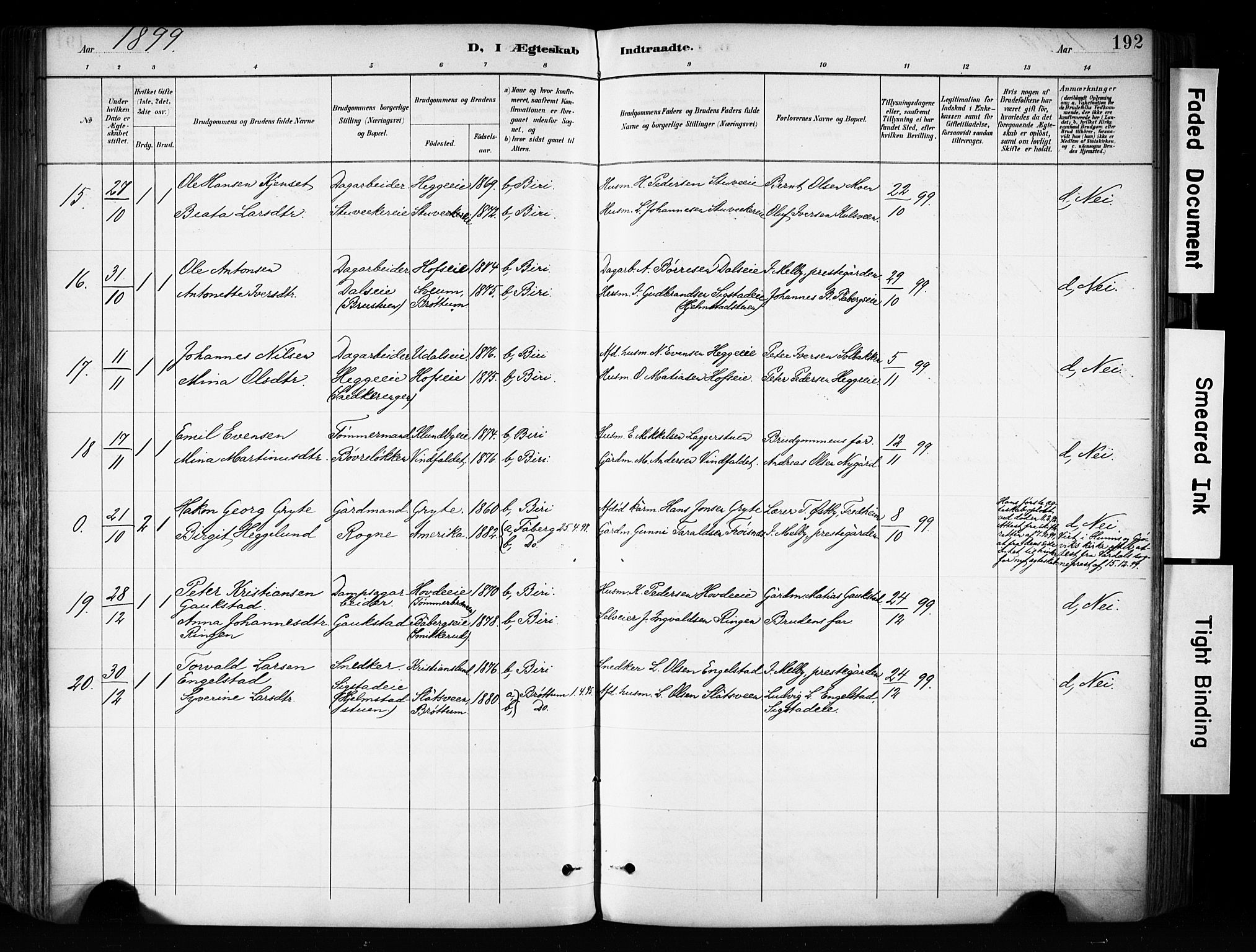 Biri prestekontor, AV/SAH-PREST-096/H/Ha/Haa/L0009: Parish register (official) no. 9, 1887-1900, p. 192