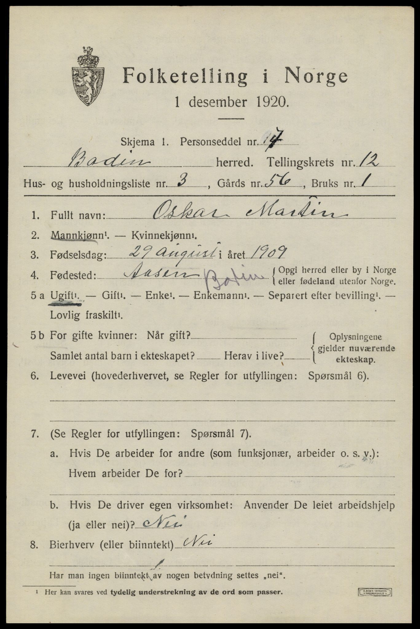 SAT, 1920 census for Bodin, 1920, p. 8460