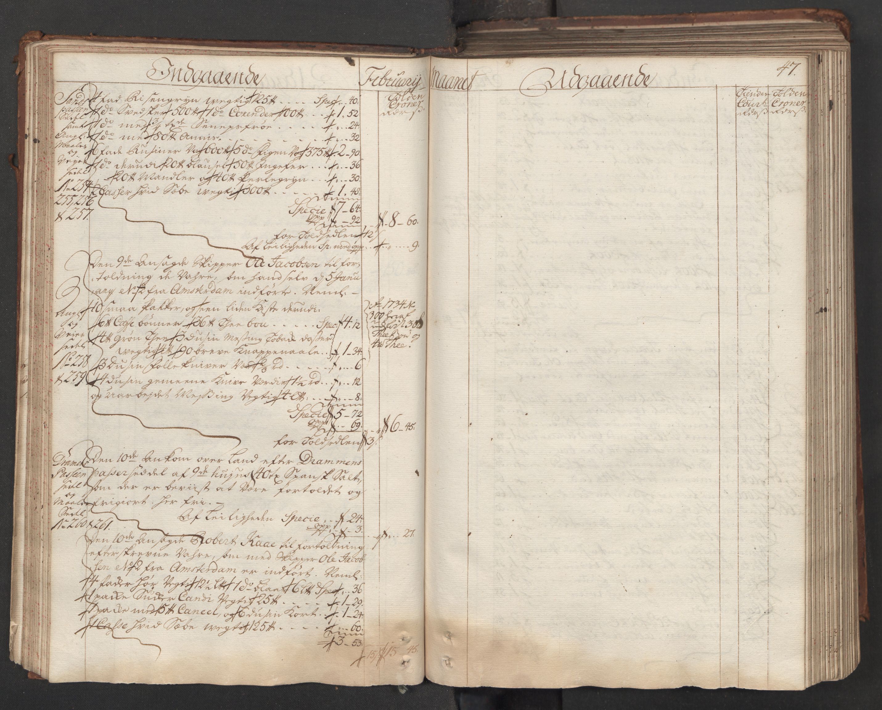 Generaltollkammeret, tollregnskaper, AV/RA-EA-5490/R06/L0015/0001: Tollregnskaper Kristiania / Hovedtollbok, 1733, p. 46b-47a