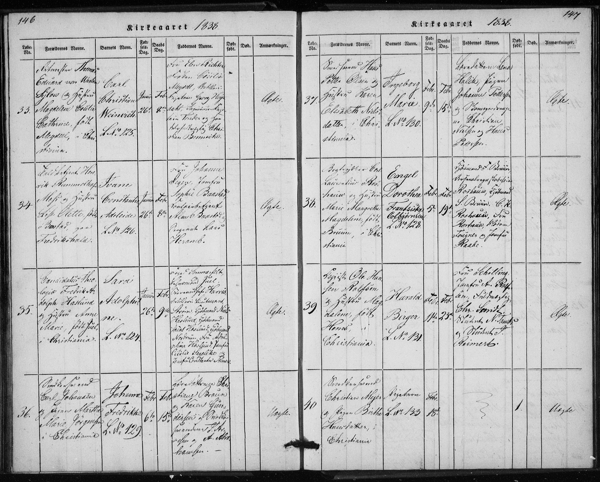 Rikshospitalet prestekontor Kirkebøker, AV/SAO-A-10309b/K/L0001/0001: Baptism register no. 1.1, 1834-1842, p. 146-147