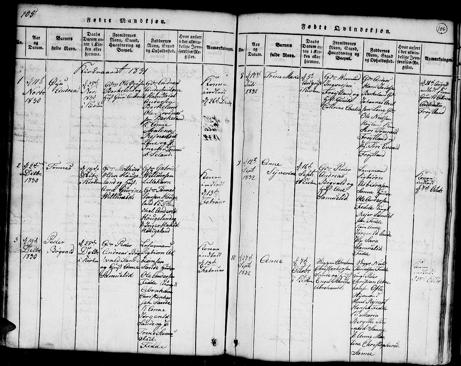 Kvinesdal sokneprestkontor, SAK/1111-0026/F/Fb/Fba/L0001: Parish register (copy) no. B 1, 1815-1839, p. 105-106