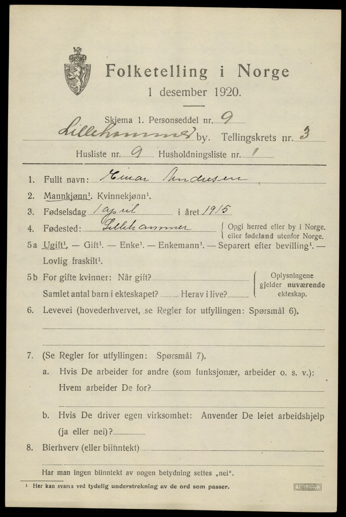 SAH, 1920 census for Lillehammer, 1920, p. 5820