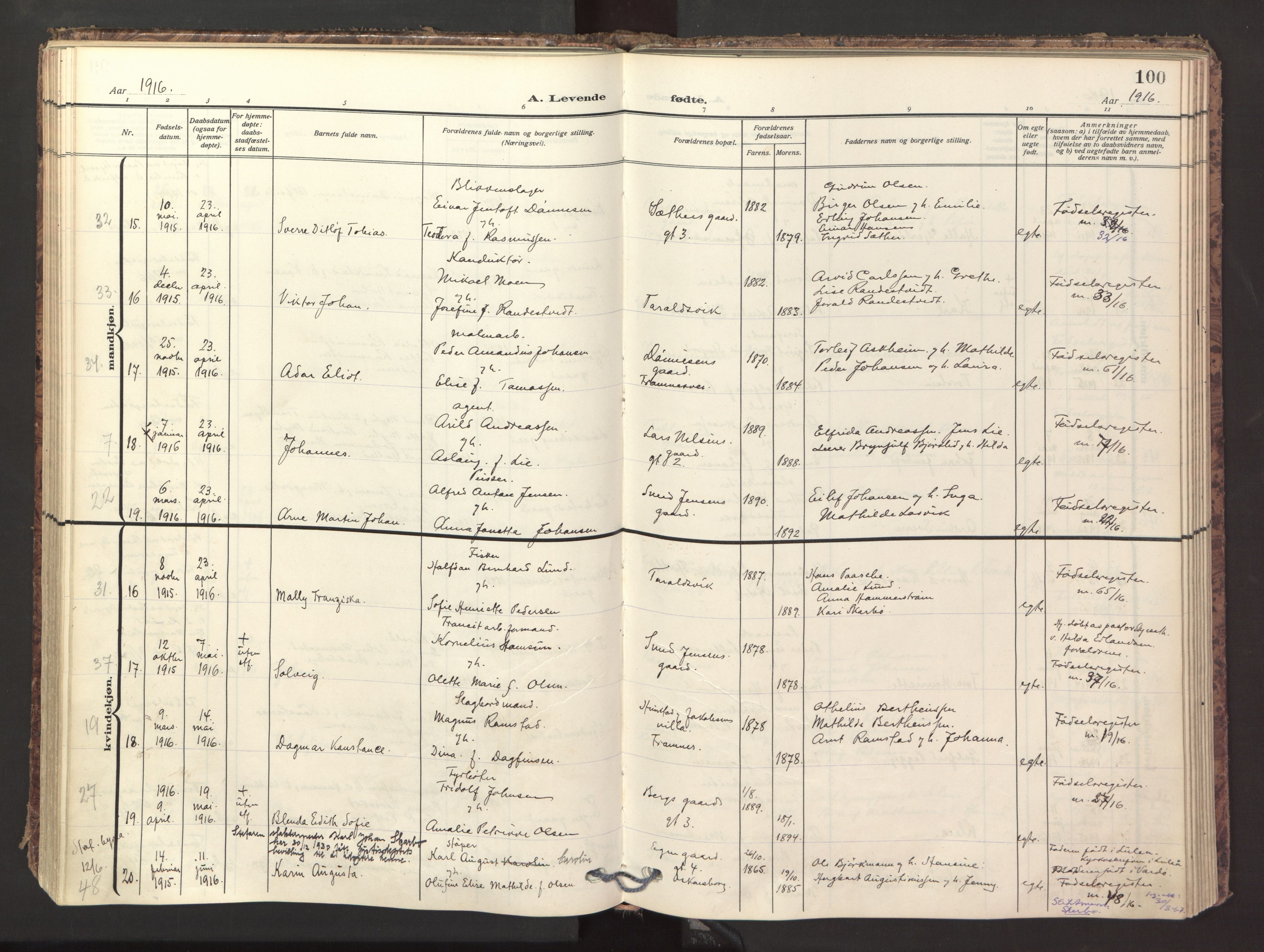 Ministerialprotokoller, klokkerbøker og fødselsregistre - Nordland, AV/SAT-A-1459/871/L1001: Parish register (official) no. 871A17, 1911-1921, p. 100