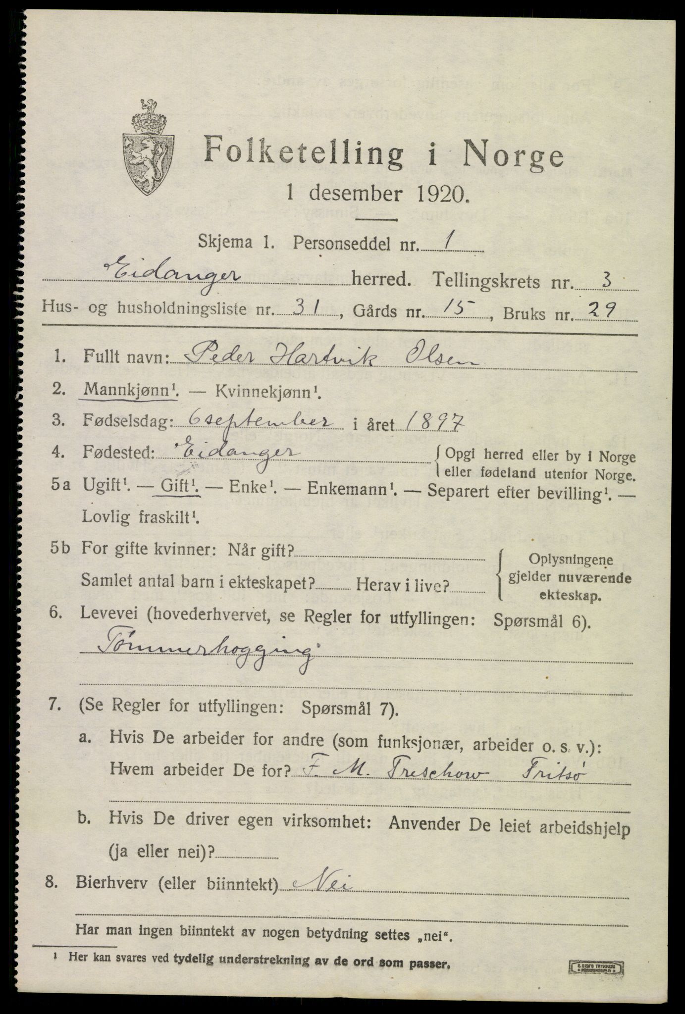 SAKO, 1920 census for Eidanger, 1920, p. 3692