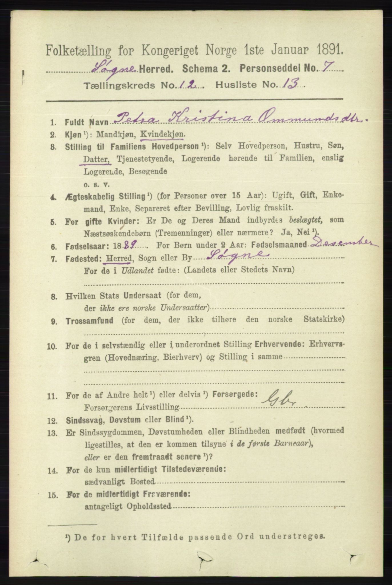 RA, 1891 census for 1018 Søgne, 1891, p. 3179